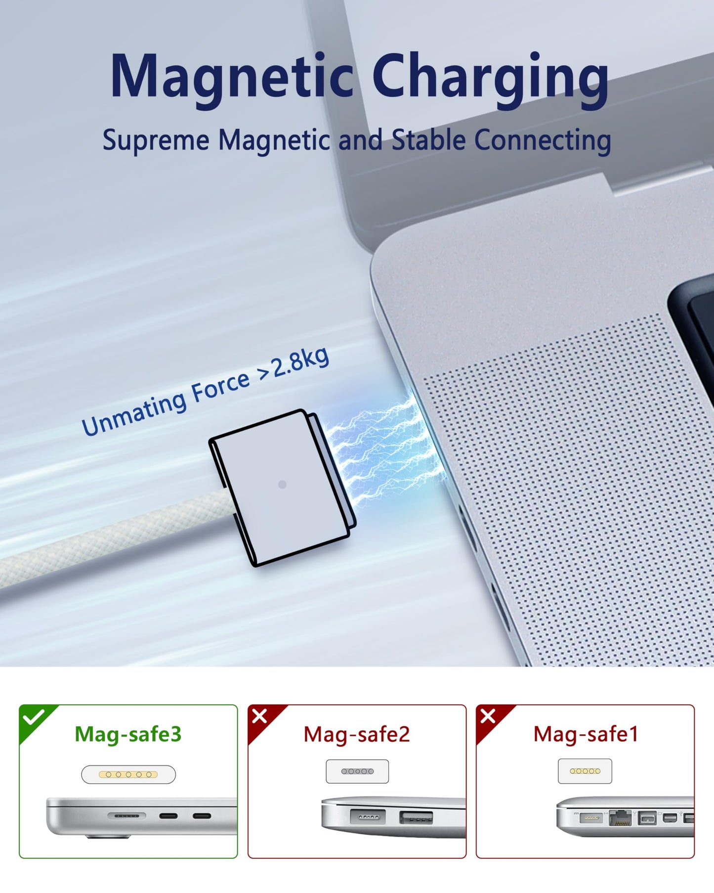 DERLULU USB-C to Magnetic 3 Fast Charging Cable (2 m/6.6 ft), USB C Cable Compatible with MacBook Air (15''/13'' M3 2024, 15" M2 2023, 13" M2 2022), MacBook Pro (16"/14" 2023/2021), Silver