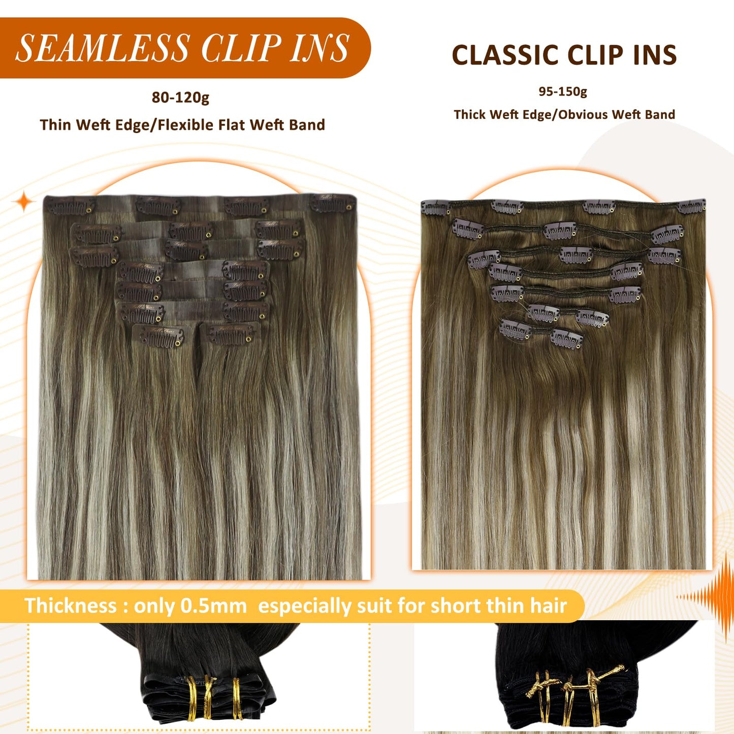Full Shine Short Hair Extensions Clip ins Brown Ombre Clip in Human Hair Extensions With PU Weft Ash Brown Balayage Cool Blonde Remy Hair Extensions for Women Brazilian Hair 12 Inch 8 Pcs 95 G