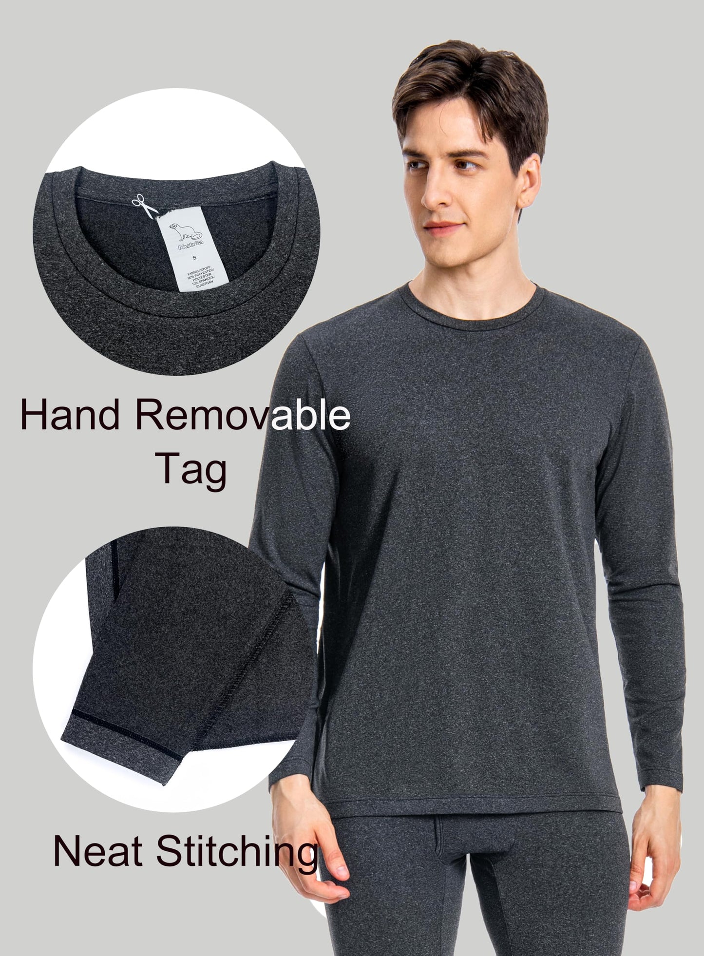 Nutria Mens Thermal Underwear Tops 2 Packs Long Sleeves Thermal Shirts for Men Fleece Lined Undershirt Winter Baselayer Crew Neck Lightweight U07A 2-Pack Black XX-Large