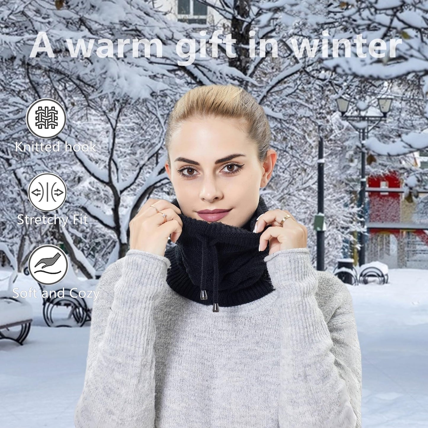 Windproof Warmer Winter Hat with Ponytail Hole,Adjustable Rope Ponytail Hat, Neck Gaiters Scarf Beanie for Women Men (Navy Blue)