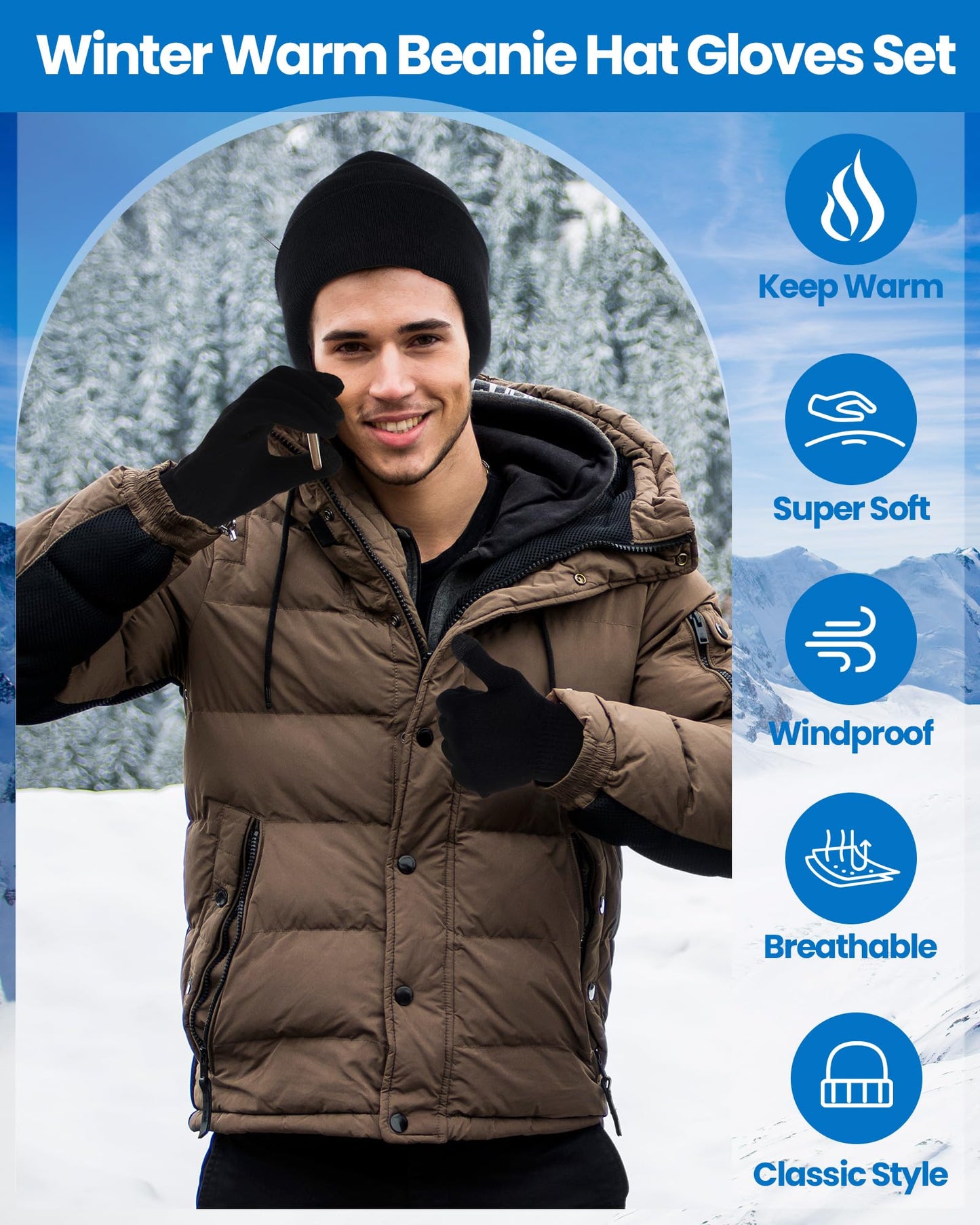 Liitrsh 4 Pcs Women Winter Beanie Hat Gloves Set Knit Beanie Hat Warm Touchscreen Glove Soft Skull Christmas Cap Gift for Men Women