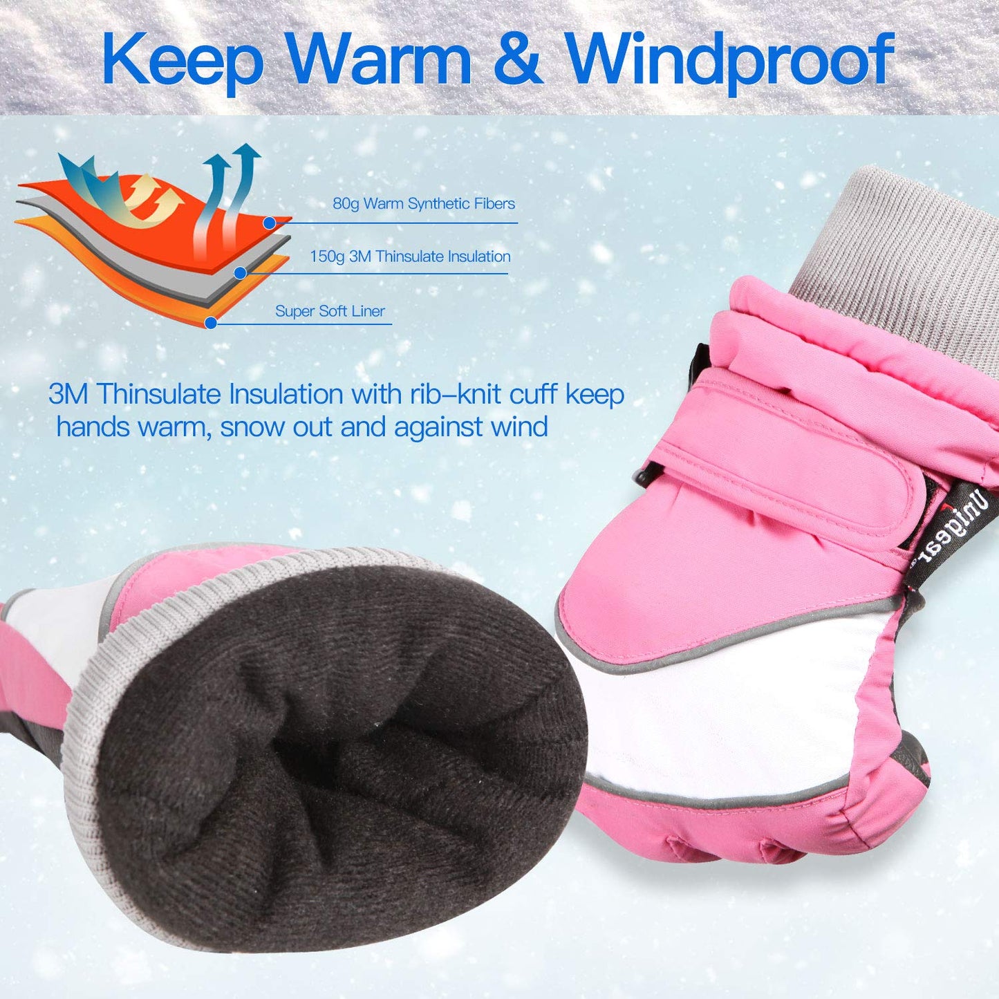 Unigear Kids Ski Gloves, Waterproof Winter Cold Weather Snowboard Snow Gloves, Fit Both Boys & Girls