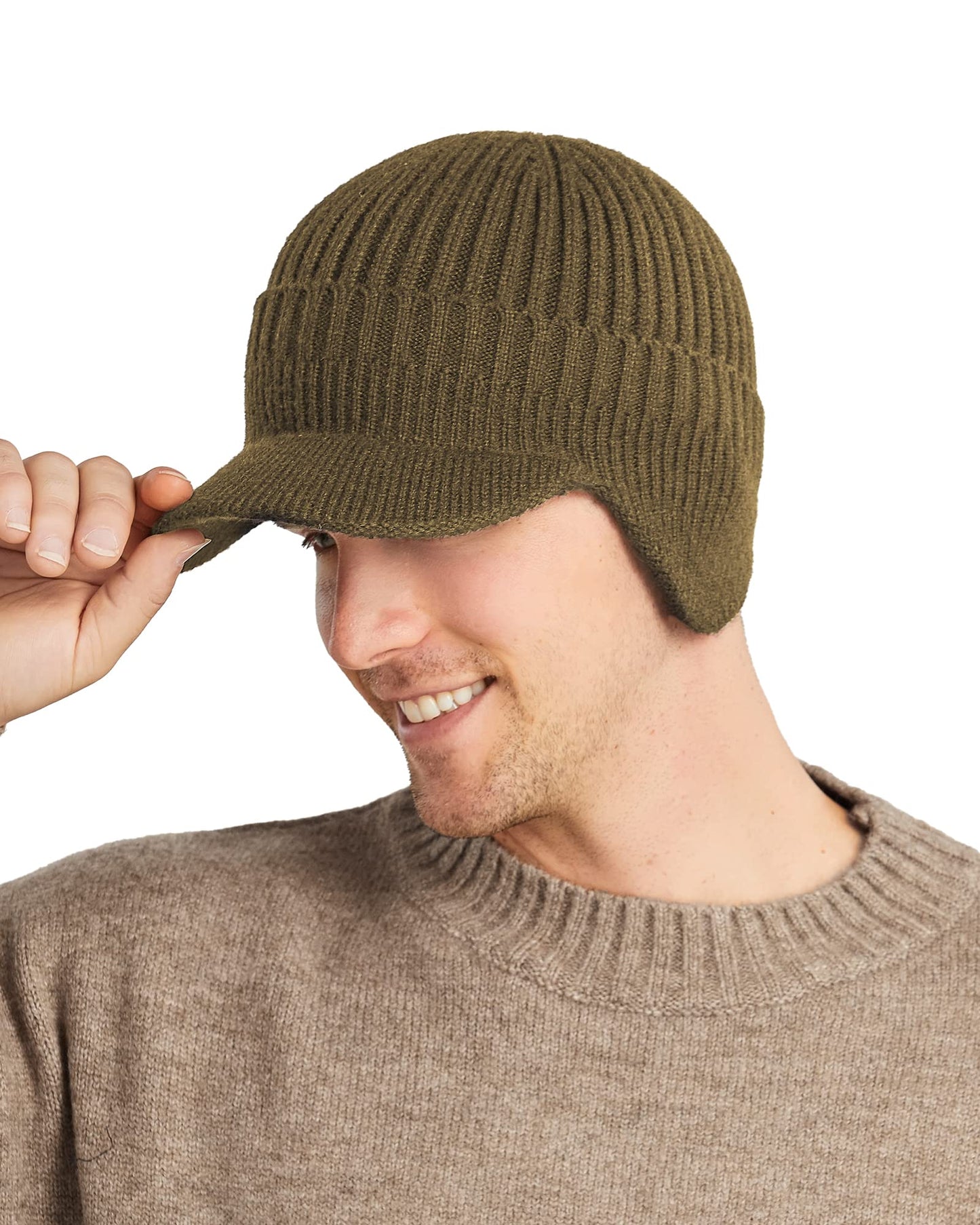 Koreshion Men's Winter Visor Beanie Hat with Earflaps Knit Baseball Cap with Brim Ski Hat Warm Fleece Lined Hunting Hat Khaki