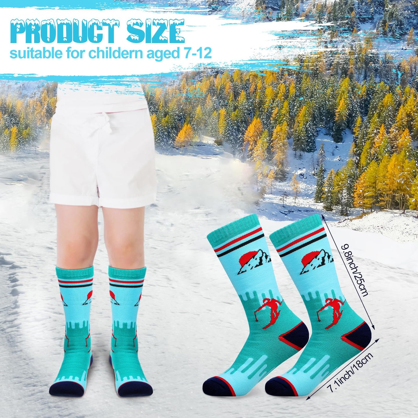 6 Pairs Kids Ski Socks Long Knee Length Snow Socks, Warm Winter Thermal Snowboard Socks for 7 to 12 Years Old Children Girls Boys Cold Weather Indoor Outdoor Activities