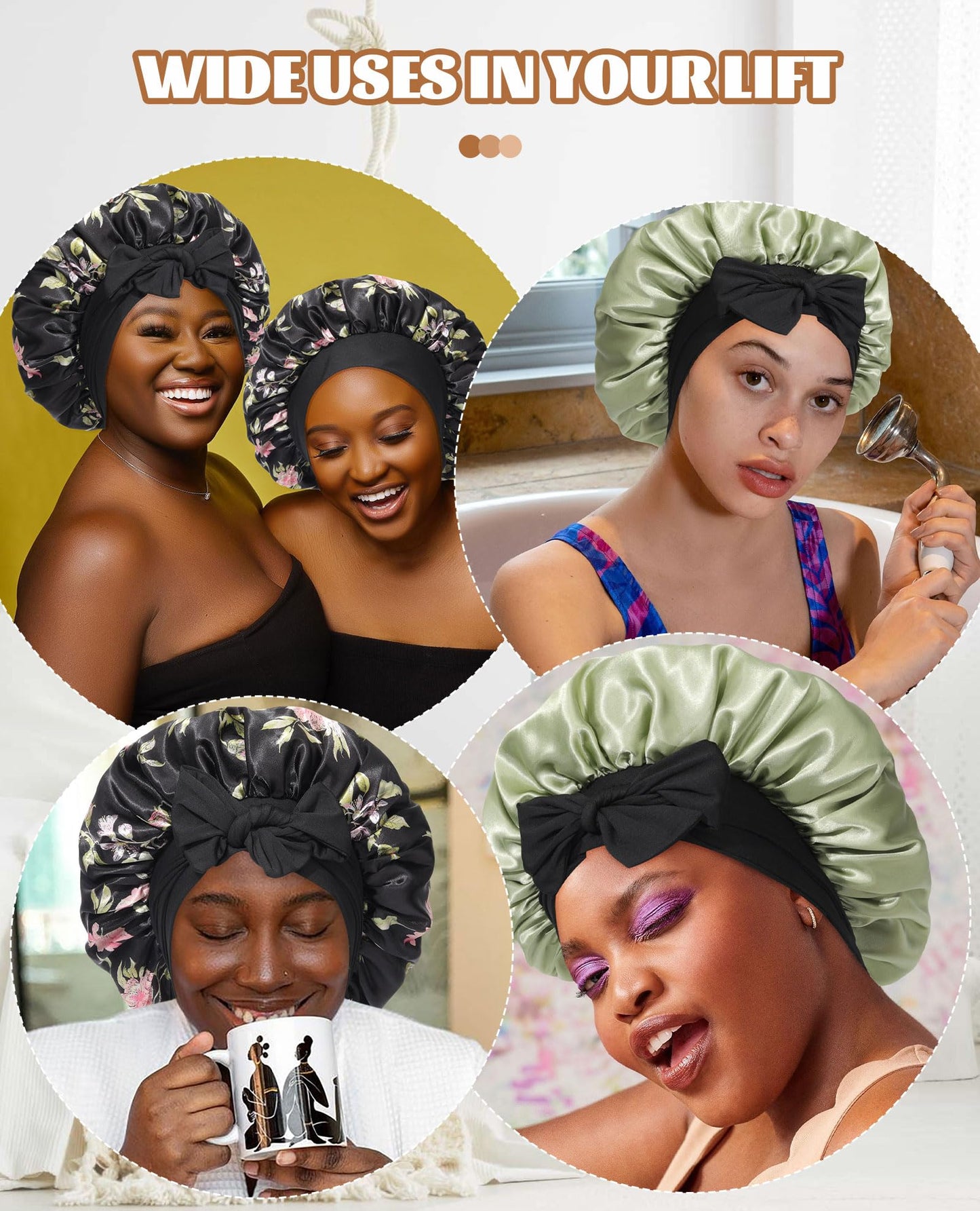 Satin Bonnet Silk Bonnet for Sleeping Silk Sleep Cap Double Layer Hair Bonnet with Elastic Tie Band for Curly Hair Night Cap (Black flower+Green)