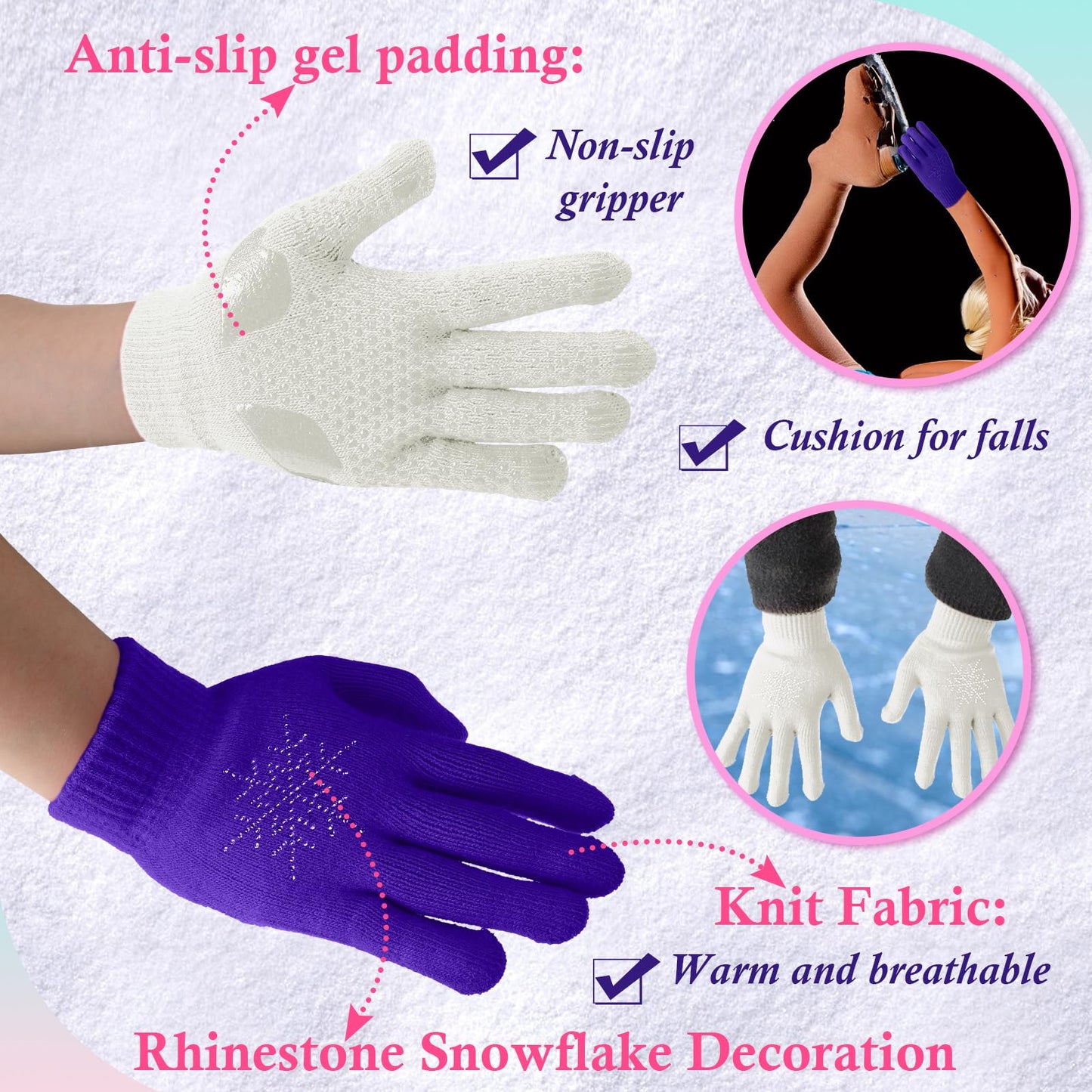 Hicarer 6 Pairs Figure Skating Gloves Socks Set Ice Skating Socks Anti Slip Gloves with Rhinestone Snowflakes Warm Winter Mitten Knit Gloves for Practice Competition (Purple, Skin Color, Pink)