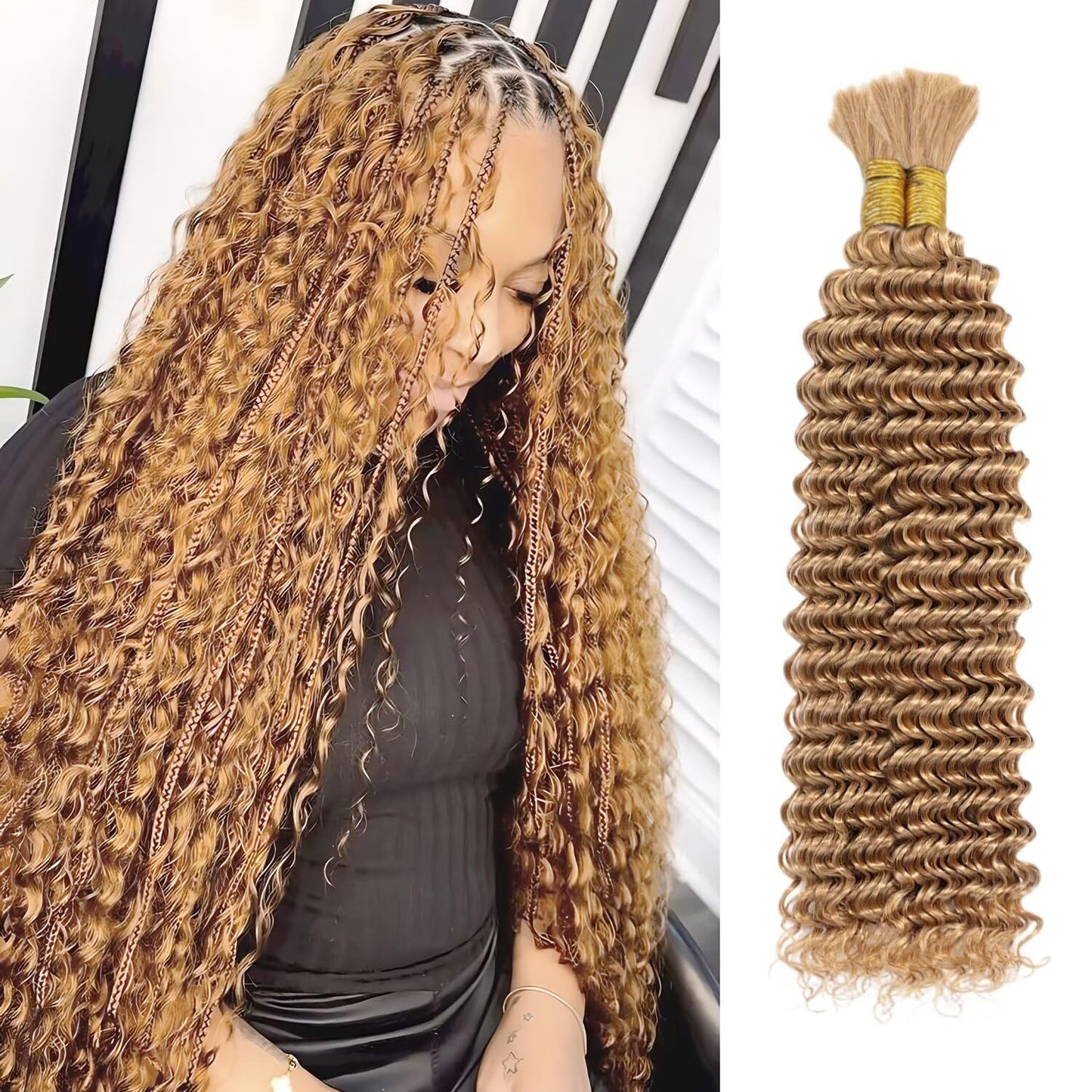 Blonde Human Braiding Hair 20 Inch Deep Water Wave 2 Bundle Bulk Brazilian Virgin Curly for Boho Braids Wet and Wavy Color 27 Honey Blonde 100g