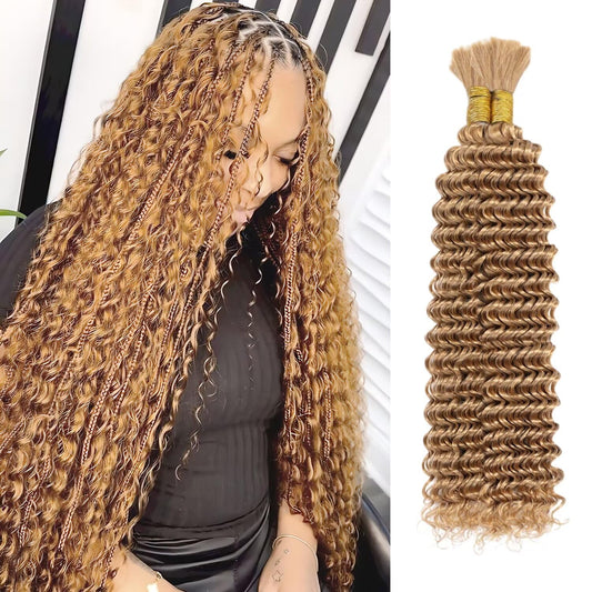 Blonde Human Braiding Hair 20 Inch Deep Water Wave 2 Bundle Bulk Brazilian Virgin Curly for Boho Braids Wet and Wavy Color 27 Honey Blonde 100g
