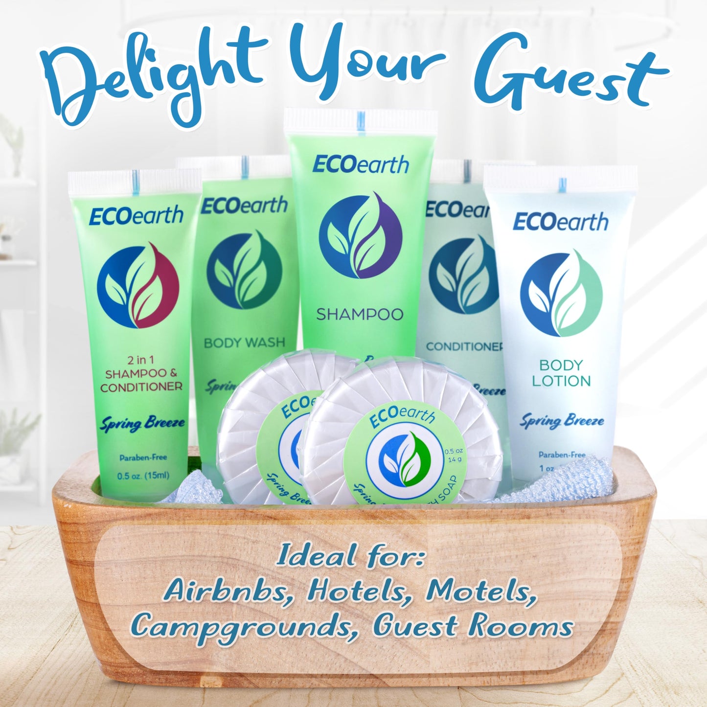 EcoEarth Travel Size Shampoo Conditioner 2-in-1 (0.5 fl oz, 100 PK, Spring Breeze) Delight Your Guests w/Revitalizing & Refreshing Conditioning Shampoo Amenities, Small Size Hotel Toiletries in Bulk