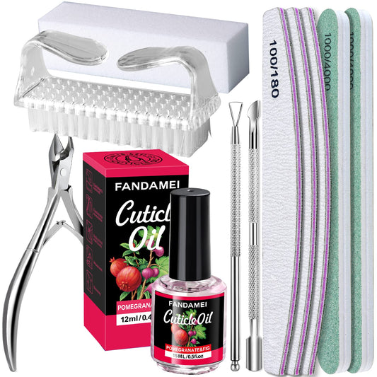 FANDAMEI Nail Care Kit, Cuticle Remover with File, Buffer, Block, Nipper, Pusher & Peeler. Pomegranate Cuticle Oil