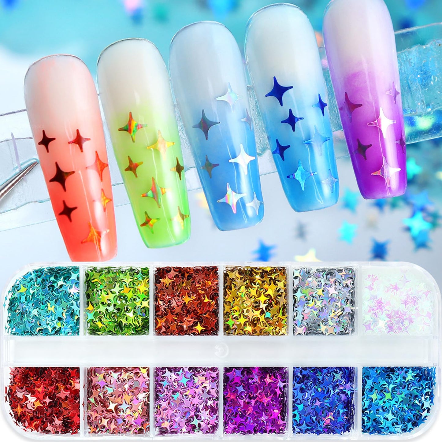 AddFavor 4 Boxes Holographic Nail Glitter Mixed Butterfly Heart Star Sequins Iridescent Flakes Fruit Nail Slice for Nail Art Decorations Supplies