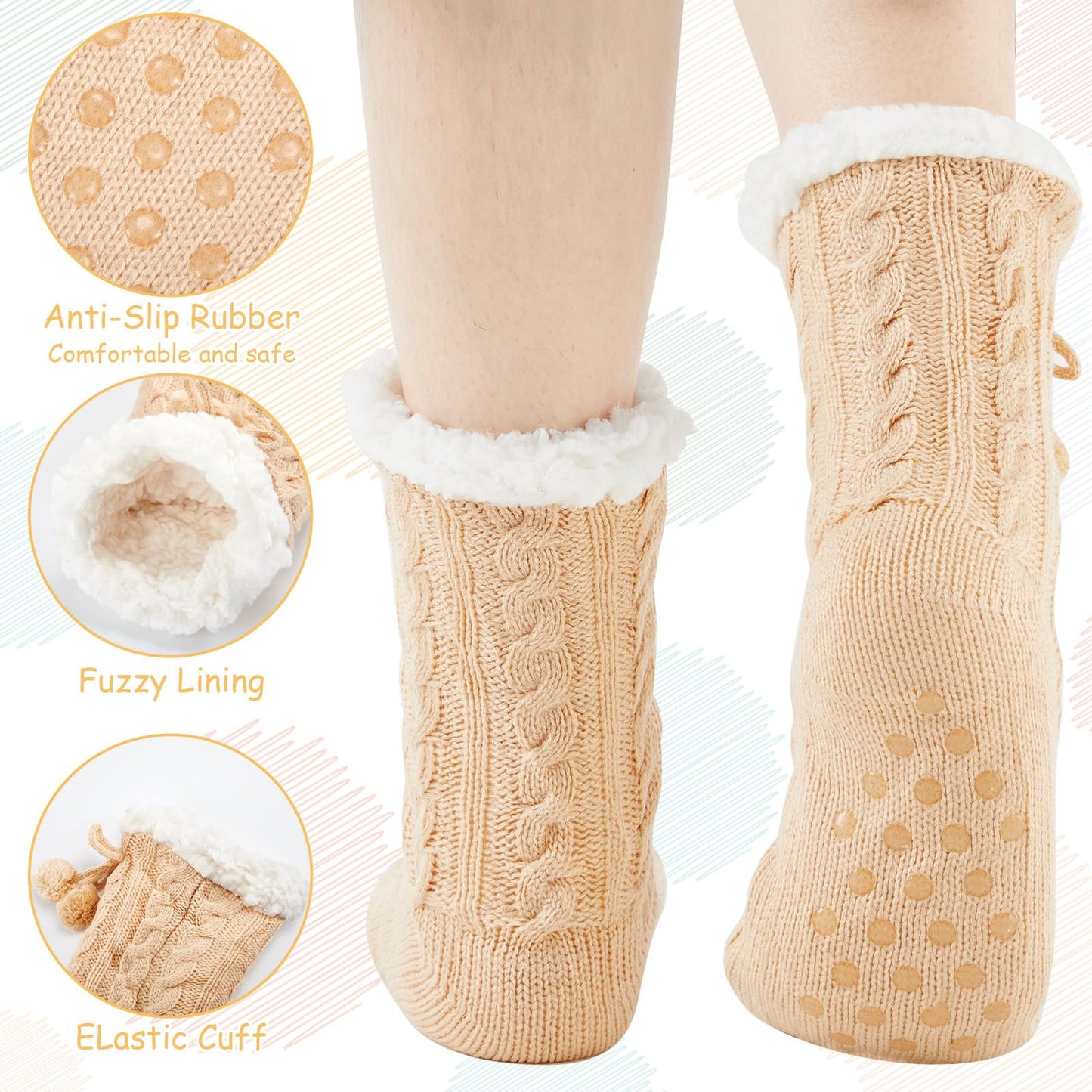 Foaincore 3 Pair Kids Slipper Socks with Gift Bag Girls Boys Fuzzy Socks Non Slip Winter Fluffy Socks Warm Socks with Grips(Warm Color,8-12 Years Old)