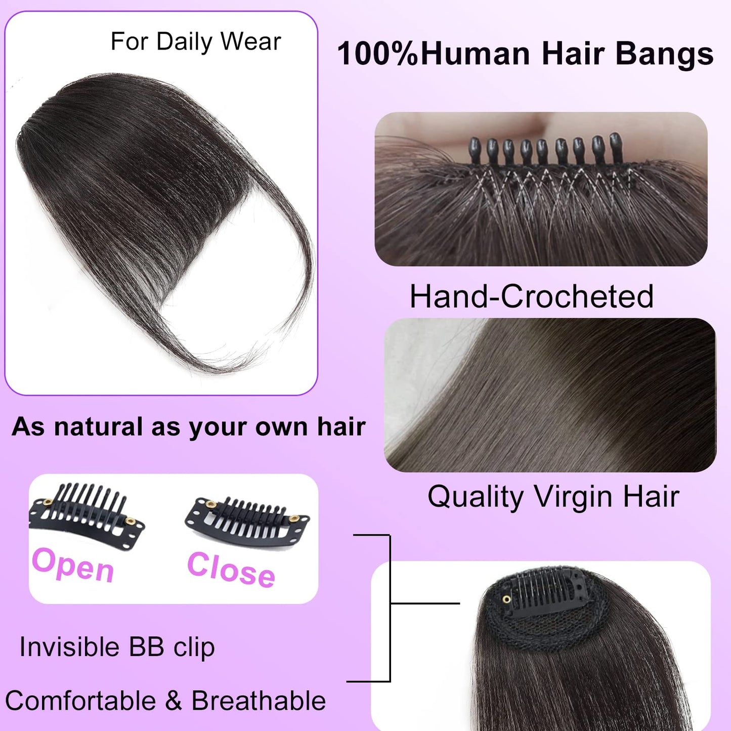 GHDXIWEYU 100% Human Hair Clip in Bangs,Women Air Thinning Curtain Flat Brown Black Bangs, Natural Curved Wispy Bangs,Faux fake Bangs