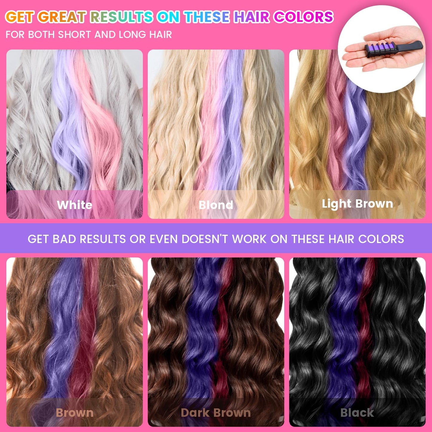 Hair Chalk for Kids - Temporary Bright Hair Color Comb, Washable Dye for New Year, Birthday, Cosplay, Halloween, Christmas