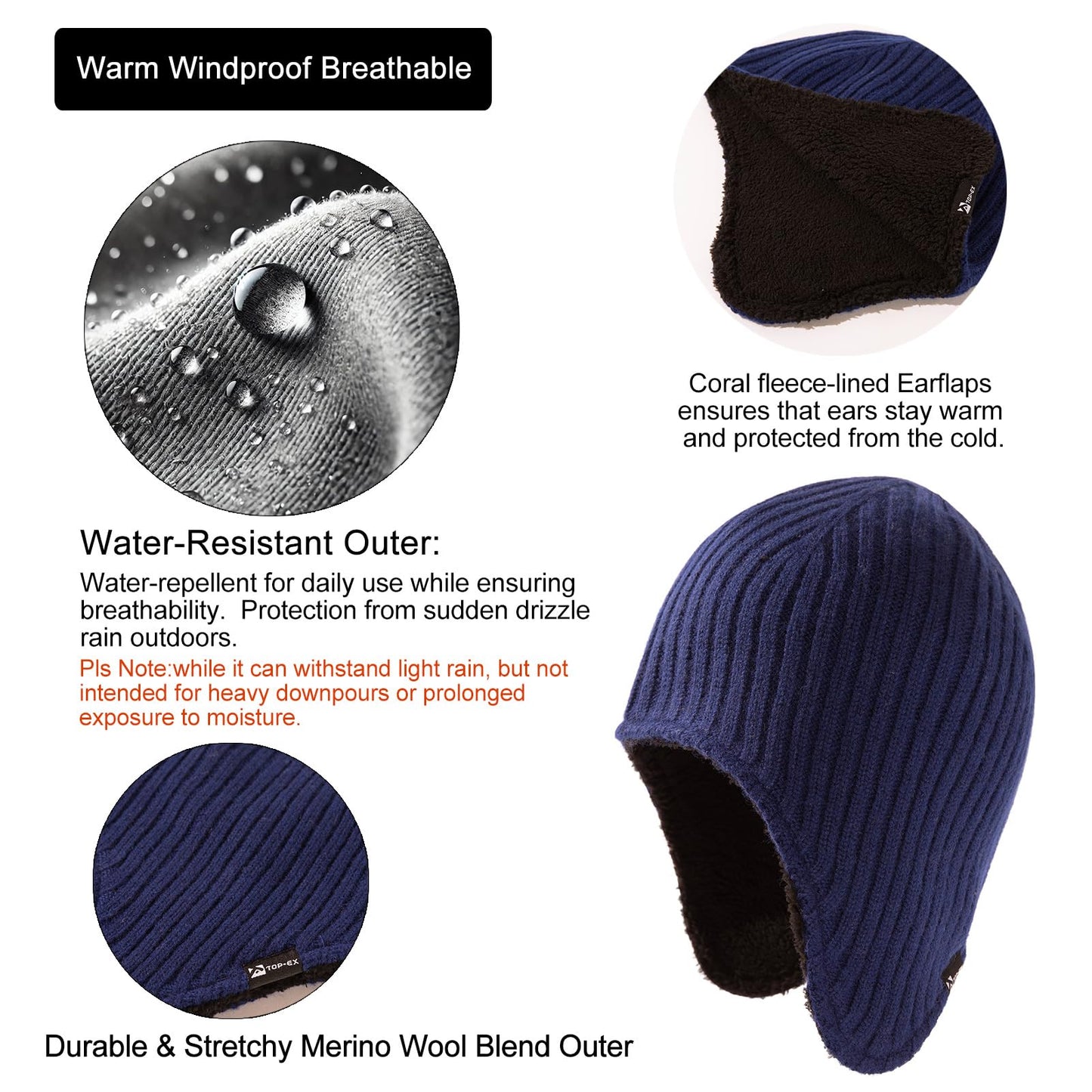 Oversized XL/XXL Merino Wool Blend Fleece Lining Waterproof Earflap Beanie Hat Extra Large Big Head Men Women Winter Knit Warm Skull Cap Skiing Cold Weather Navy Blue