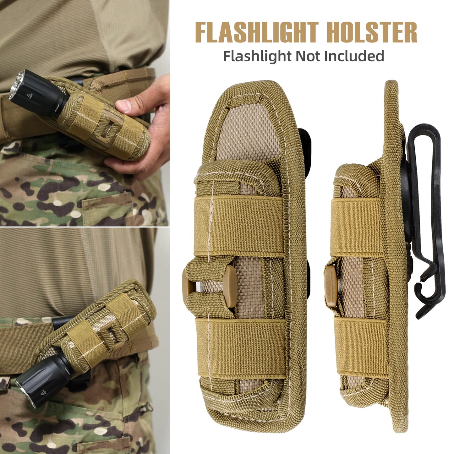 LIVANS Tactical Flashlight Pouch Holster, Rotatable Flashlight Holder Belt Clip Tactical Torch Carry Case with 360 Degree Carabiner Reel Clip Khaki