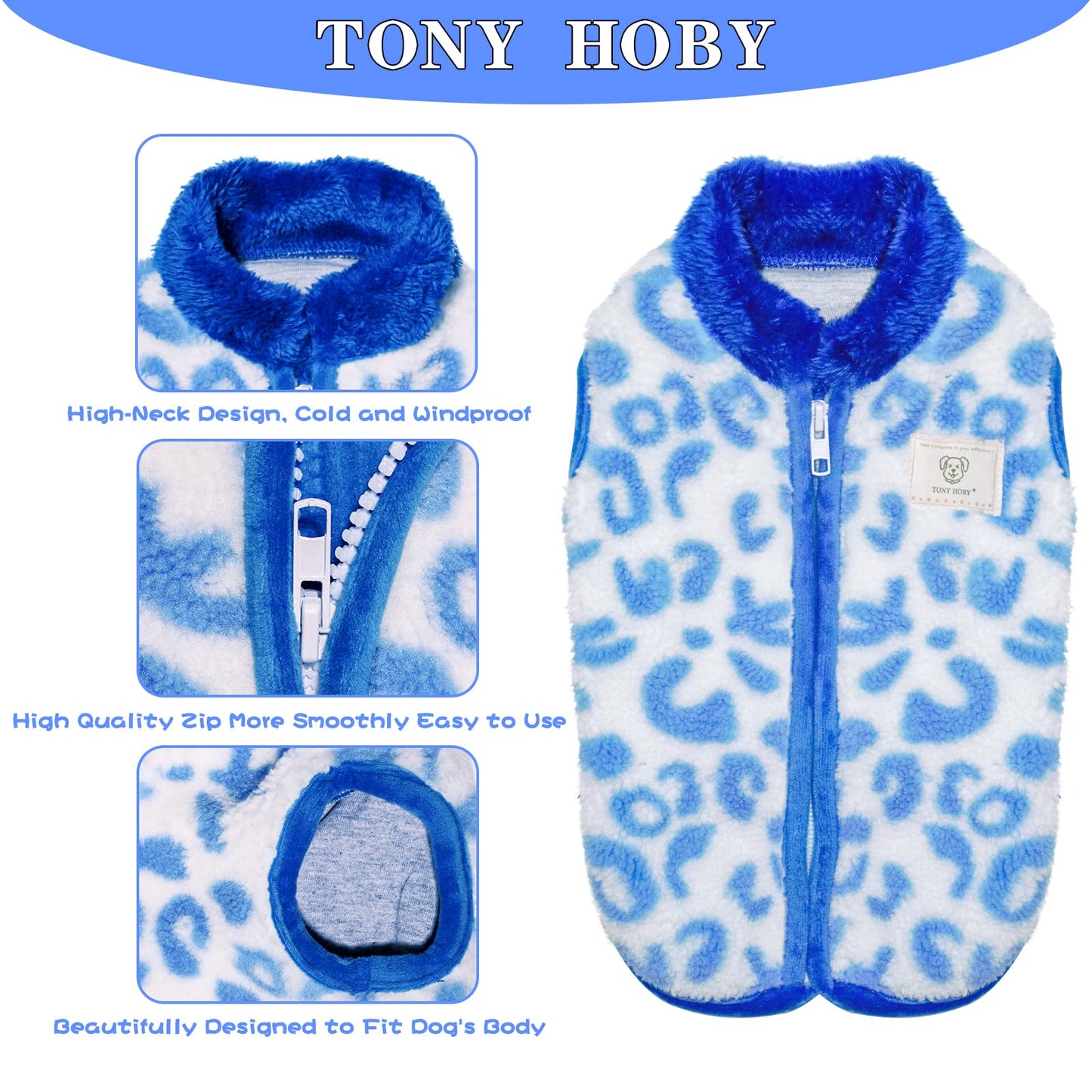 TONY HOBY Dog Cold Weather Coat, Thermal Fleece Dog Jacket, Dog Winter Jacket for Small Medium Dog (Blue&White, L)