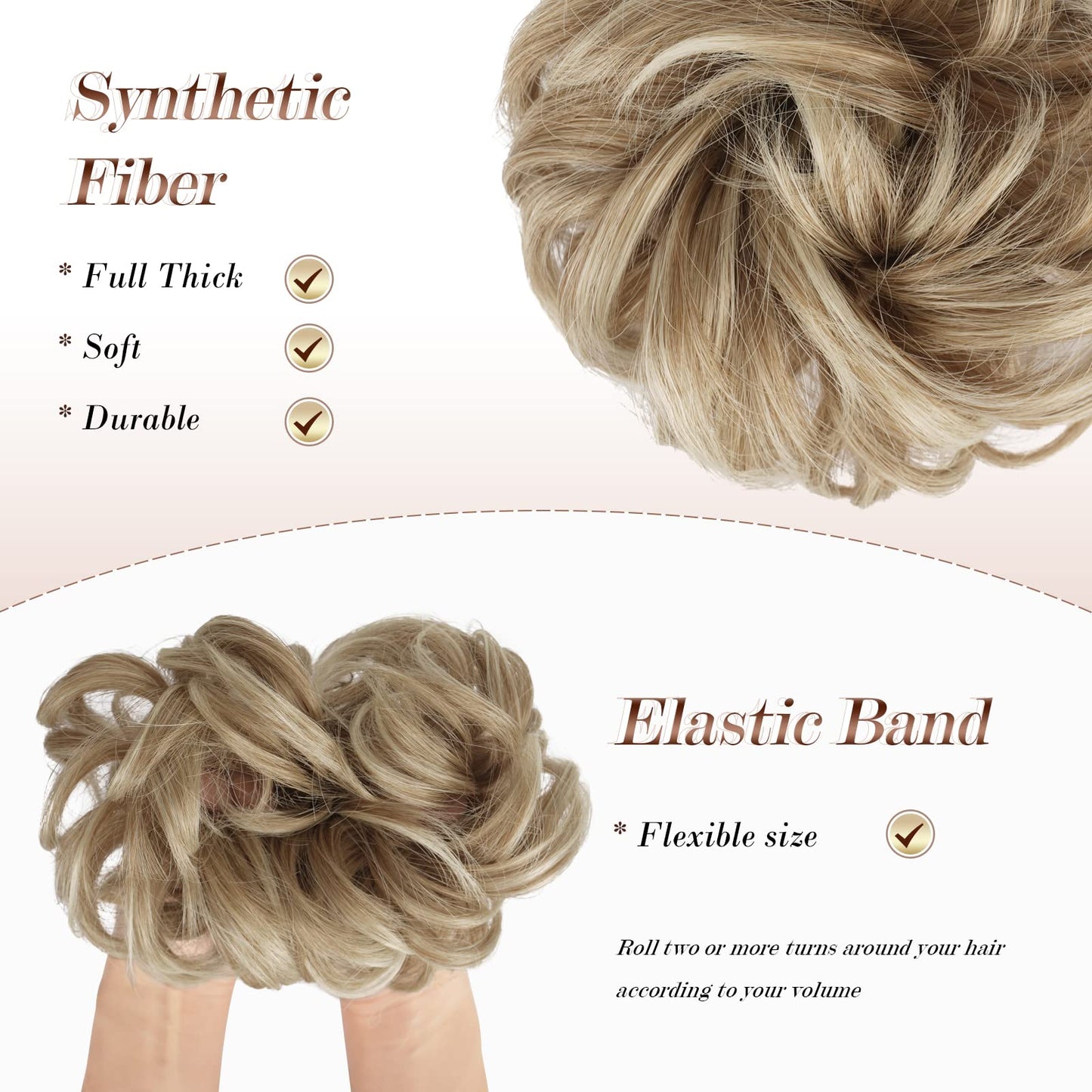 FESHFEN Messy Bun Hair Piece - Elastic Wavy Curly Hair Bun Scrunchies Extensions Synthetic Chignon Hairpieces for Women Girls, Mixed Blonde and Ash Blonde Tips 1 PCS