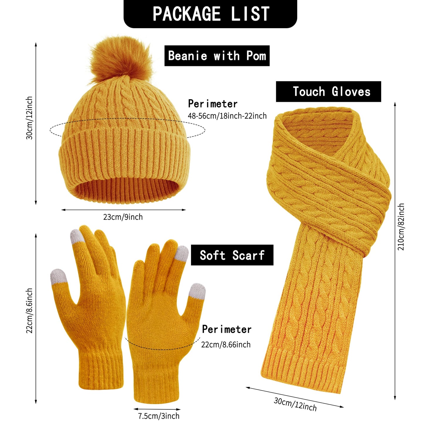 Double Couple Winter Beanie Hat Scarf Gloves Set for Women Beanie with Pom Long Scarf Warm Touchscreen Gloves Set