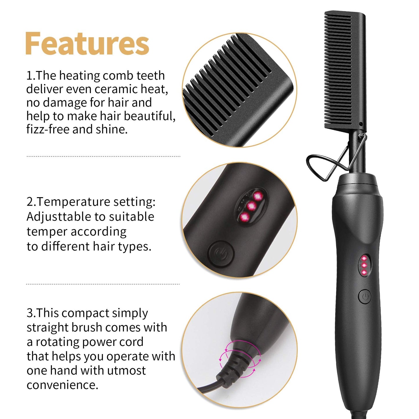 Hot Comb Hair Straightener Heat Pressing Combs - Ceramic Electric Straightening Comb, Curling Iron for Natural Black Beard Wigs Holiday Gift - Black 5 In1