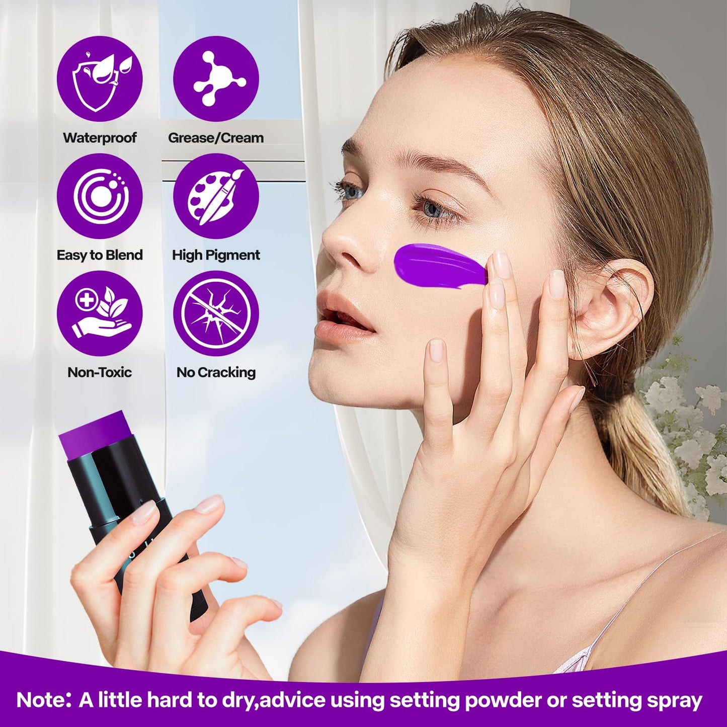 Go Ho Cream-Blendable Purple Face Paint Stick,Full-coverage Purple Body Paint Stick for Adults Children Halloween Cosplay SFX Witch Devil Makeup,Waterproof Purple Eye Black Stick