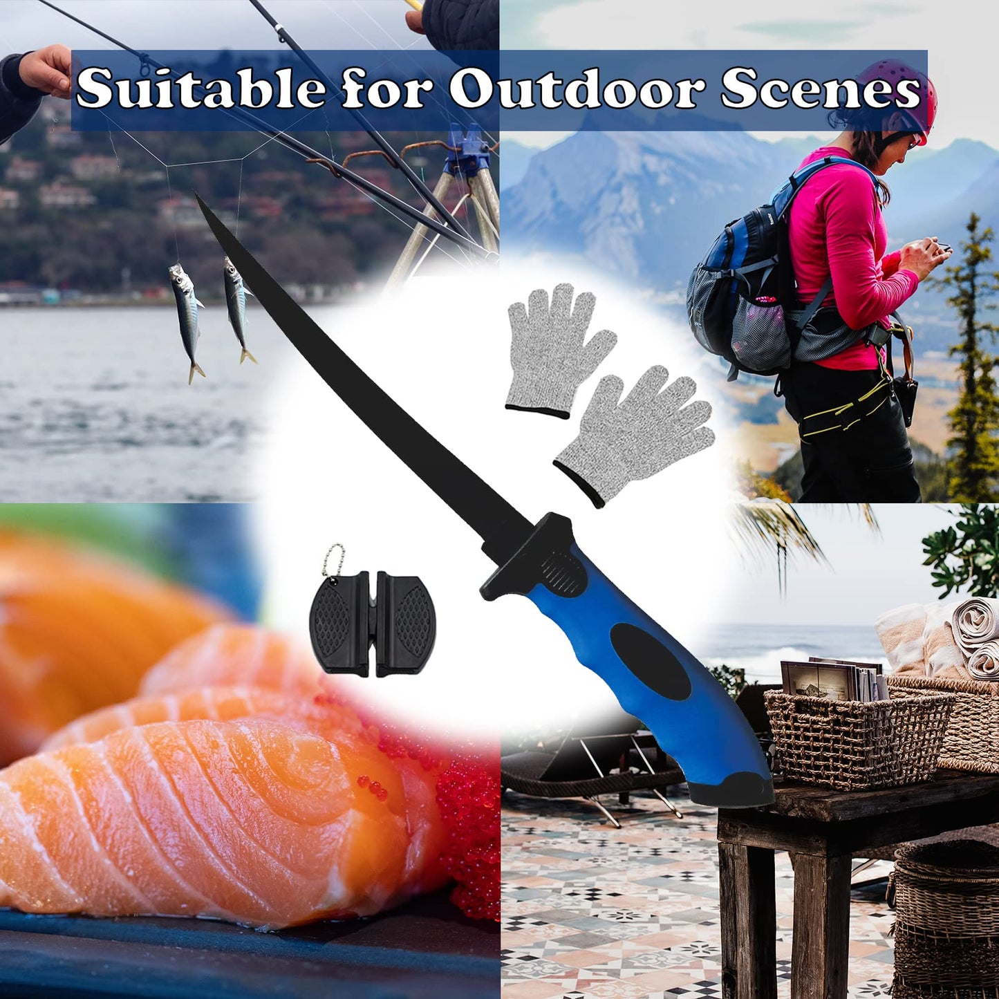 Fish Fillet Knife, 7 Inches Professional Fishing Fillet Knife Set Stainless Steel Blade in Corrosion Resistant Coating, with Sharpener and Cutting Resistant Gloves, for Fishing and Outdoor, Blue