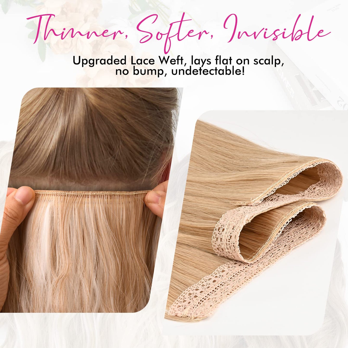 REECHO Invisible Wire Hair Extensions with Thinner Softer Lace Weft (Ash Blonde with Highlights, 20 Inch (Pack of 1))