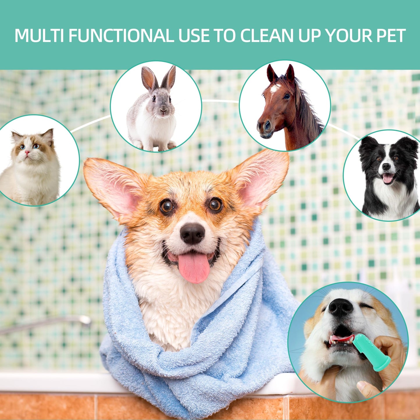 ROBATUN Dog Washing Gloves 2 Pack, Silicone Pet Hair Removal Glove with Soft Bristles & Finger Toothbrushes, Reusable Deshedding Scrubber for Dogs & Cats, Deep Cleaning & Anti-Slip Cuff