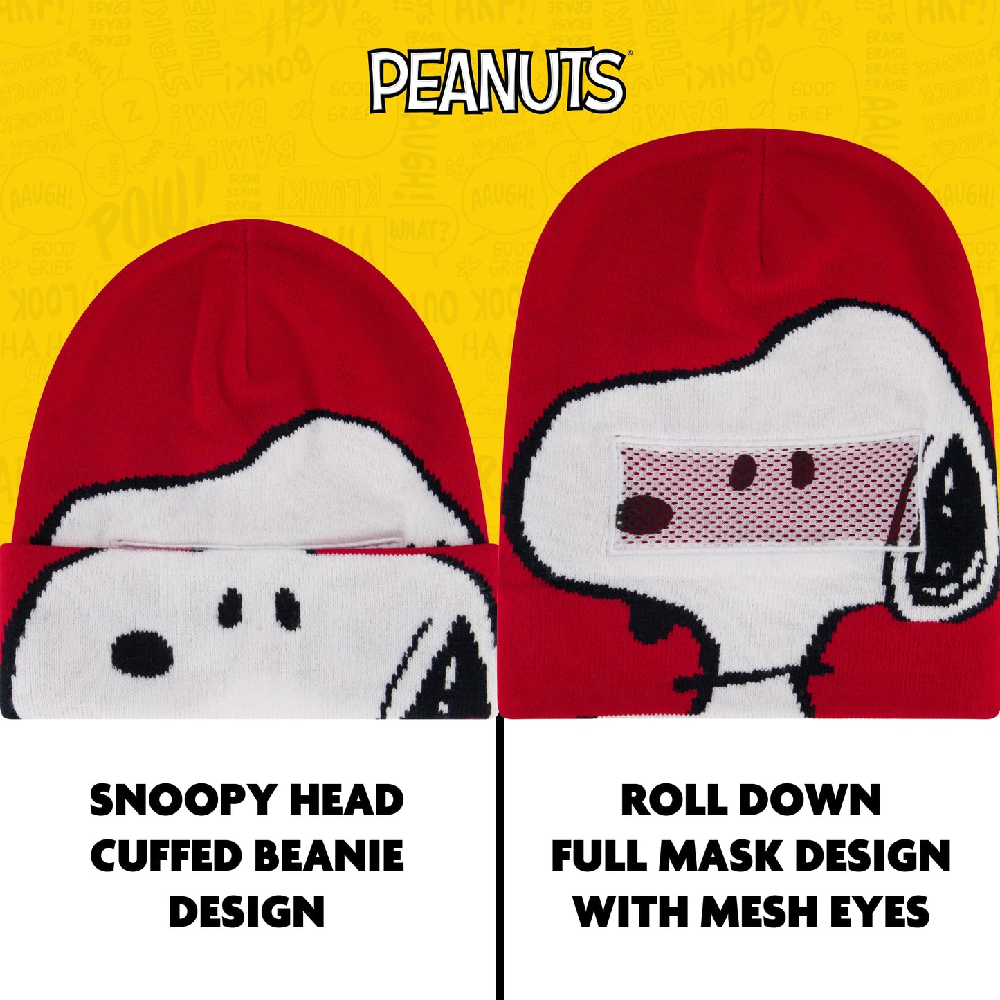 Peanuts Snoopy Beanie Hat, Knit Roll Down Cuffed Winter Cap, Red, One Size