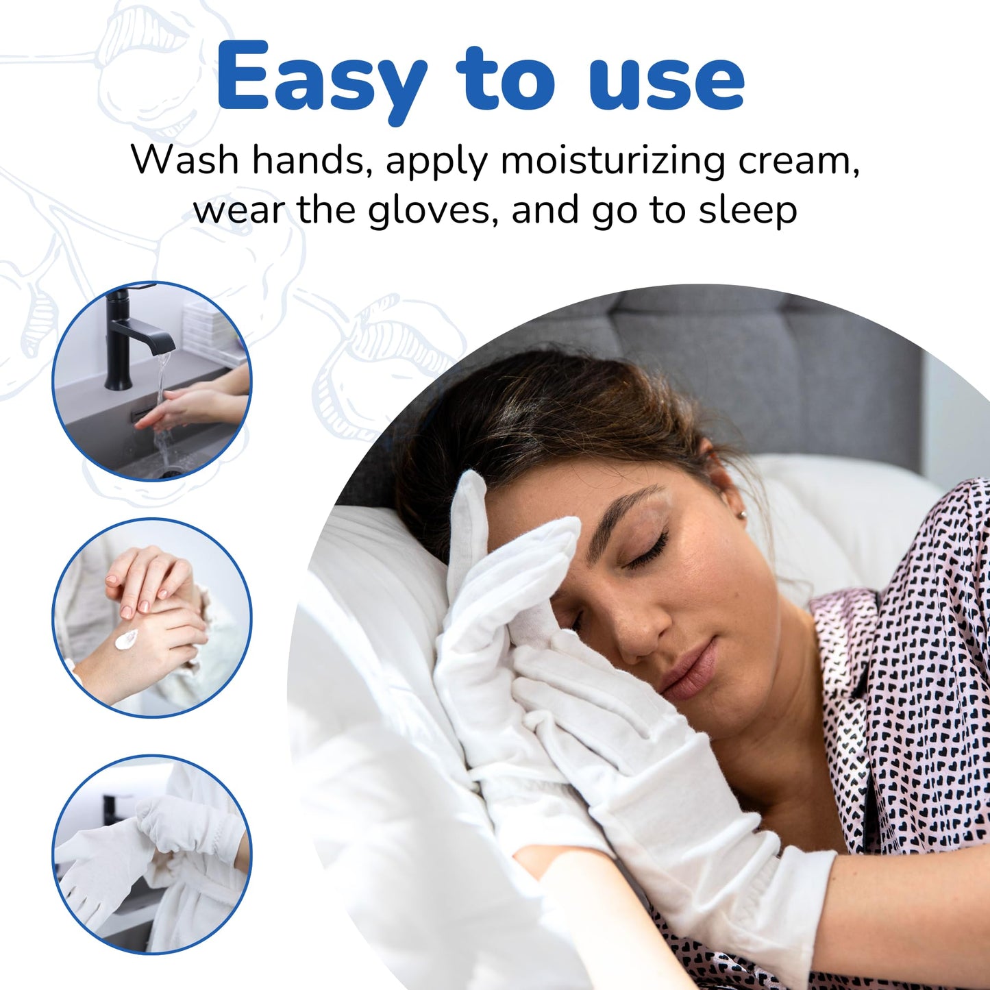 Dermrelief Cotton Gloves - for Beauty, Dry Hands, Eczema, Dermatitis and Psoriasis (7 Pairs) with Free Gifts (Professional Nail Buffer & Washing Bag) (Large)