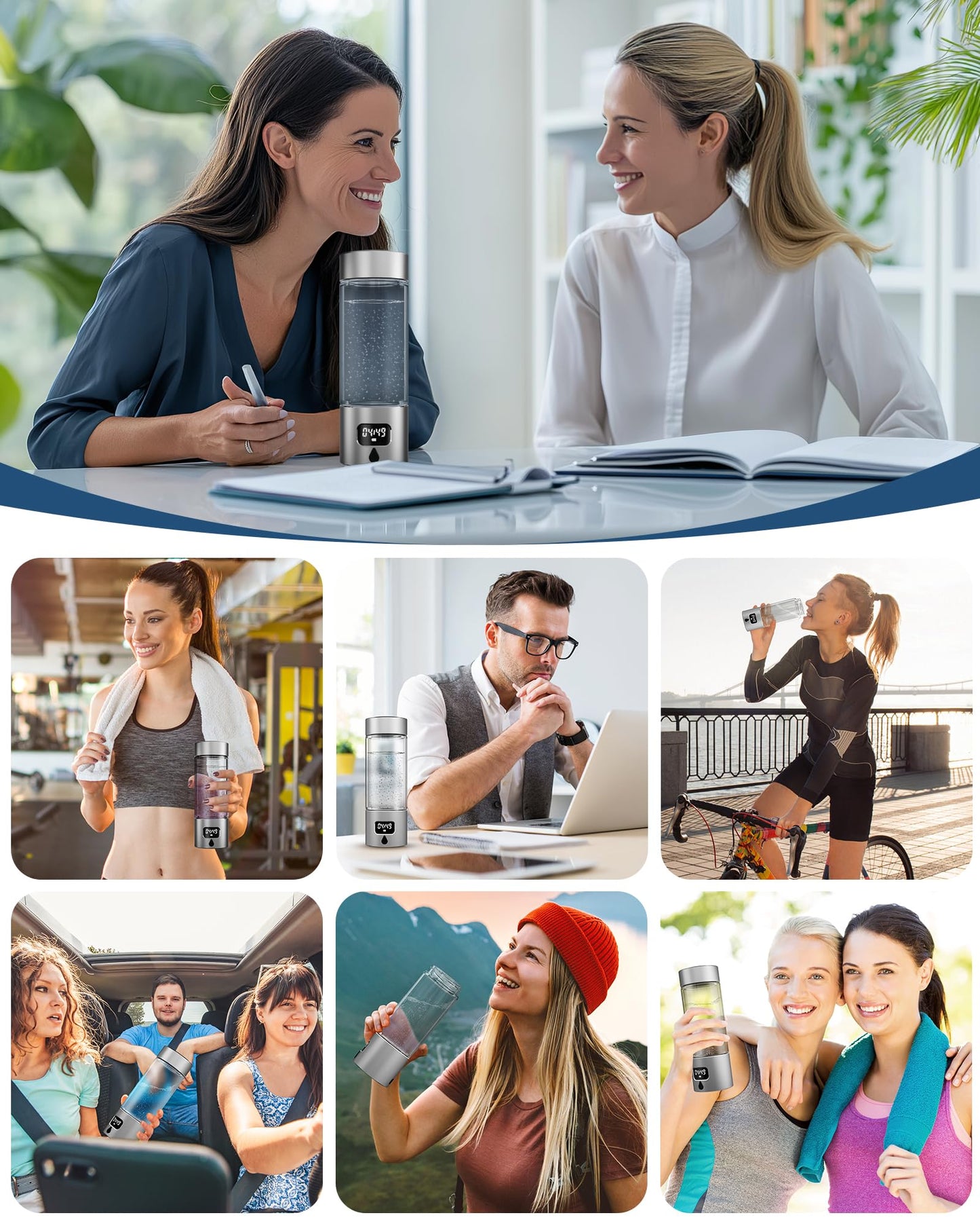 Hydrogen Water Bottle - Portable, Rechargeable, LED Timer, Aluminum and Glass, 5000 PPB Hydrogen in 10 Minutes, 340ml Capacity, FDA Certification, for Travel, Sports, Home, Office(Grey)