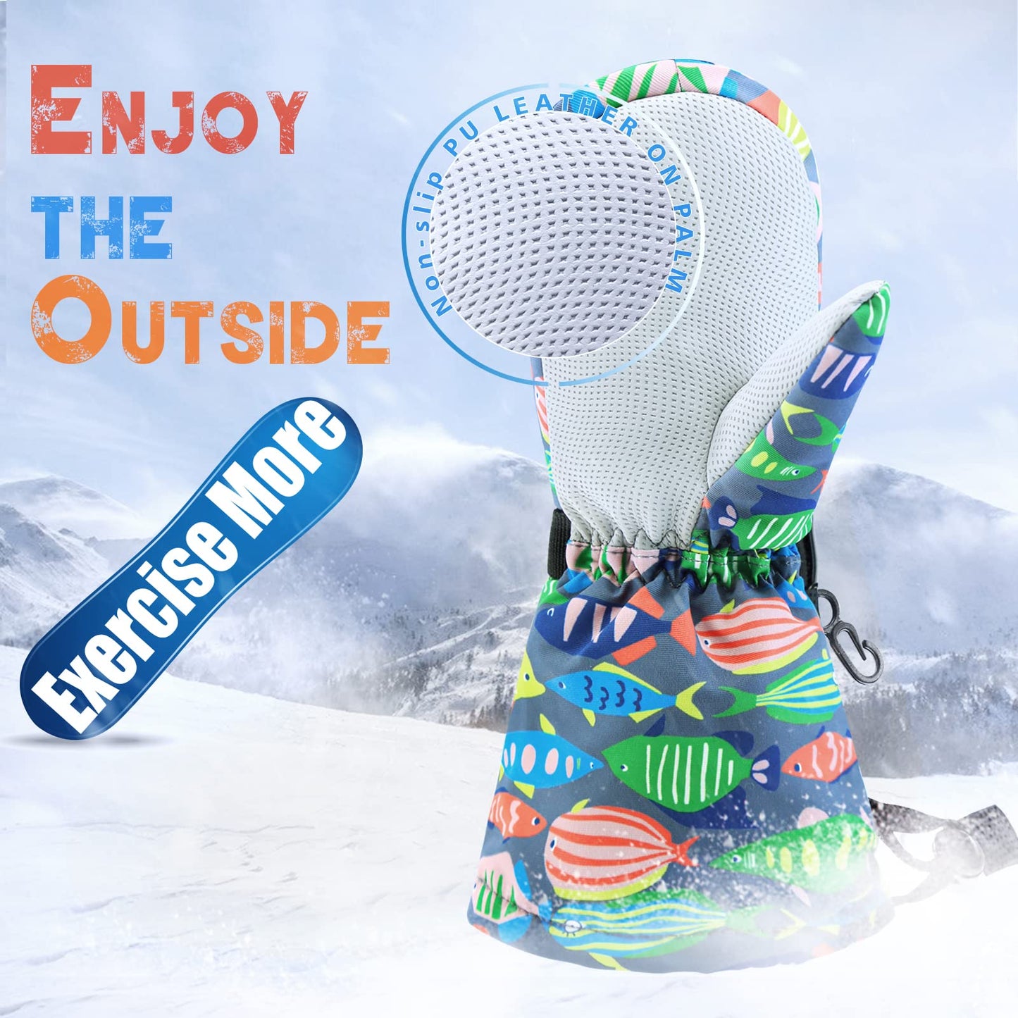 BAVST Winter Kids Waterproof Gloves for Boys Girls Snow Ski Toddler Baby Mittens Outdoor for Infant Teens 1-5T (Colorful fish, L(4-5T))