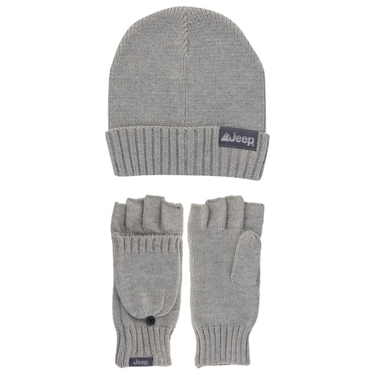 Jeep Adult's Men's and Women's 2-Piece Beanie and Convertible Gloves Set-Unisex One Size Fits Most, Gray