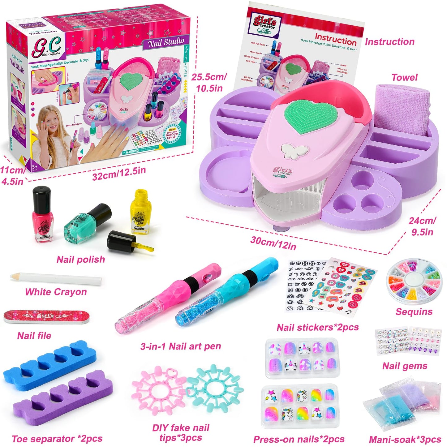 G.C Kids Nail Polish Set for Girls Toy 6-12 Years Old, Nail Art Kit Storage Desk with Nail Dryer&Hand Massage Spa Kit, Kid Manicure Salon Studio Stuff Christmas Birthday Gift Girl Ages 7 8 9 10 11 12