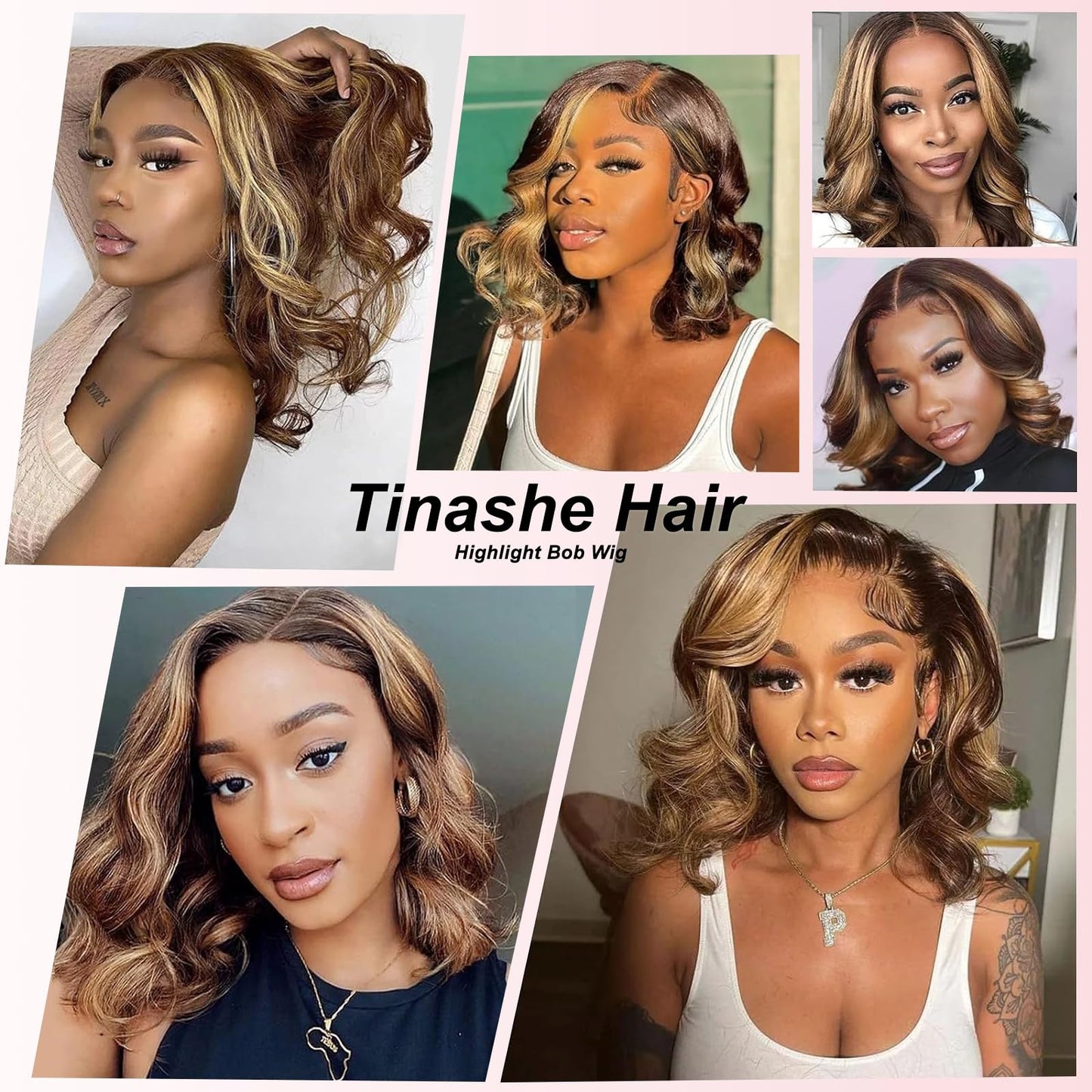 Tinashe 12Inch Wear and Go Glueless Bob Wig Human Hair Highlight Bob Wig Human Hair Honey Blonde 5x6 Body Wave Wigs for Beginners Glueless Short Bob Wig(12inch,P4/27 Loose Body Bob Wig)