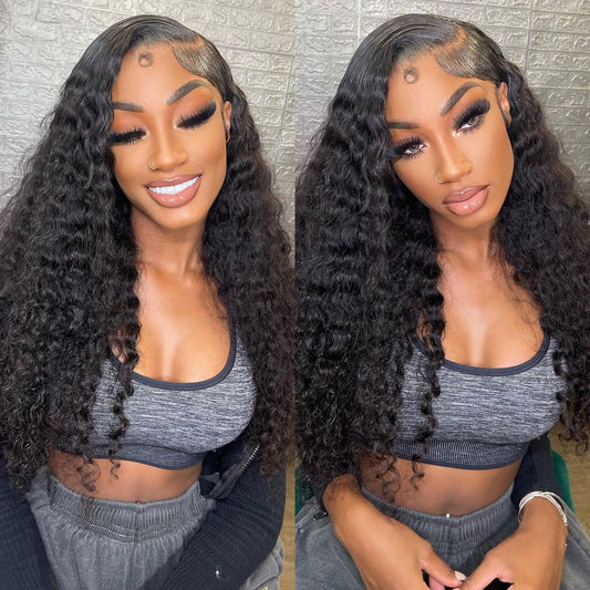 LRV Deep Wave Lace Front Wigs Human Hair Pre Plucked, 13x4 HD Lace Front Wet And Wavy Frontal Human Hair Deep Wave Wig For Women Glueless, 180 Density 20 Inch, Pre Plucked