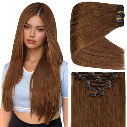Full Shine Copper Brown Clip in Hair Extensions Real Human Hair Thick Hair Extensions Clip ins Copper Brown Human Hair Clip in Extensions Triple Weft Extensions Extra Volume 16 Inch 7 Pcs 135 G