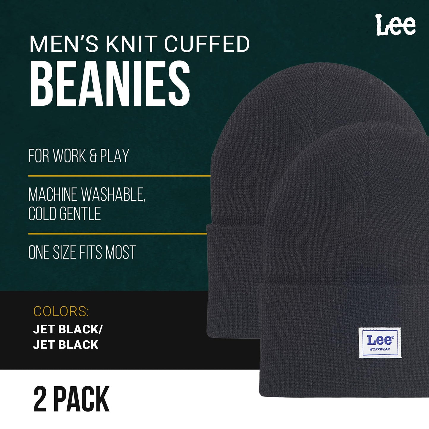 Lee Workwear Men’s Beanie Hats - Men Knit Cuffed Mens Skull Winter Hat, 2 Pack