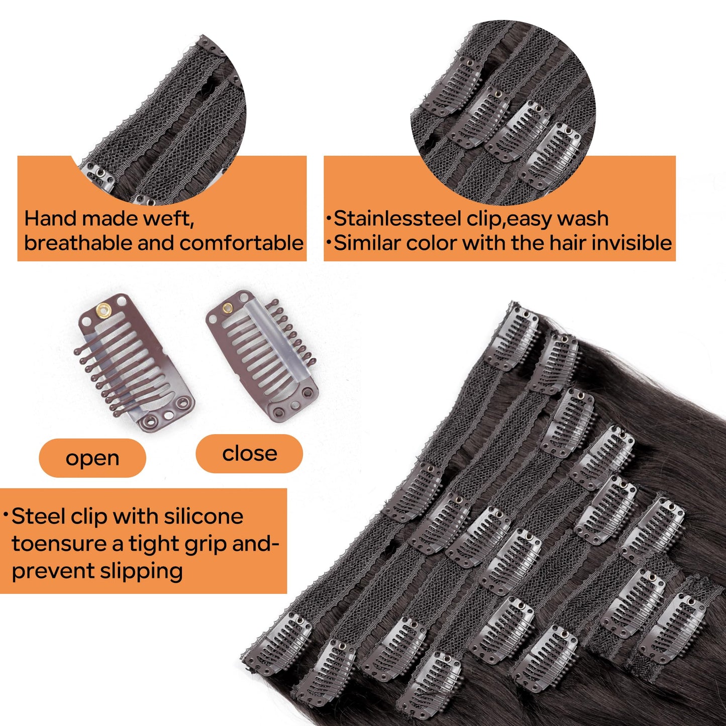 Pobokix Straight Clip In Hair Extensions Real Human Hair 8Pcs Clip In Dark Brown Human Hair Extensions with 18Clips Lace Weft 120g 14inch