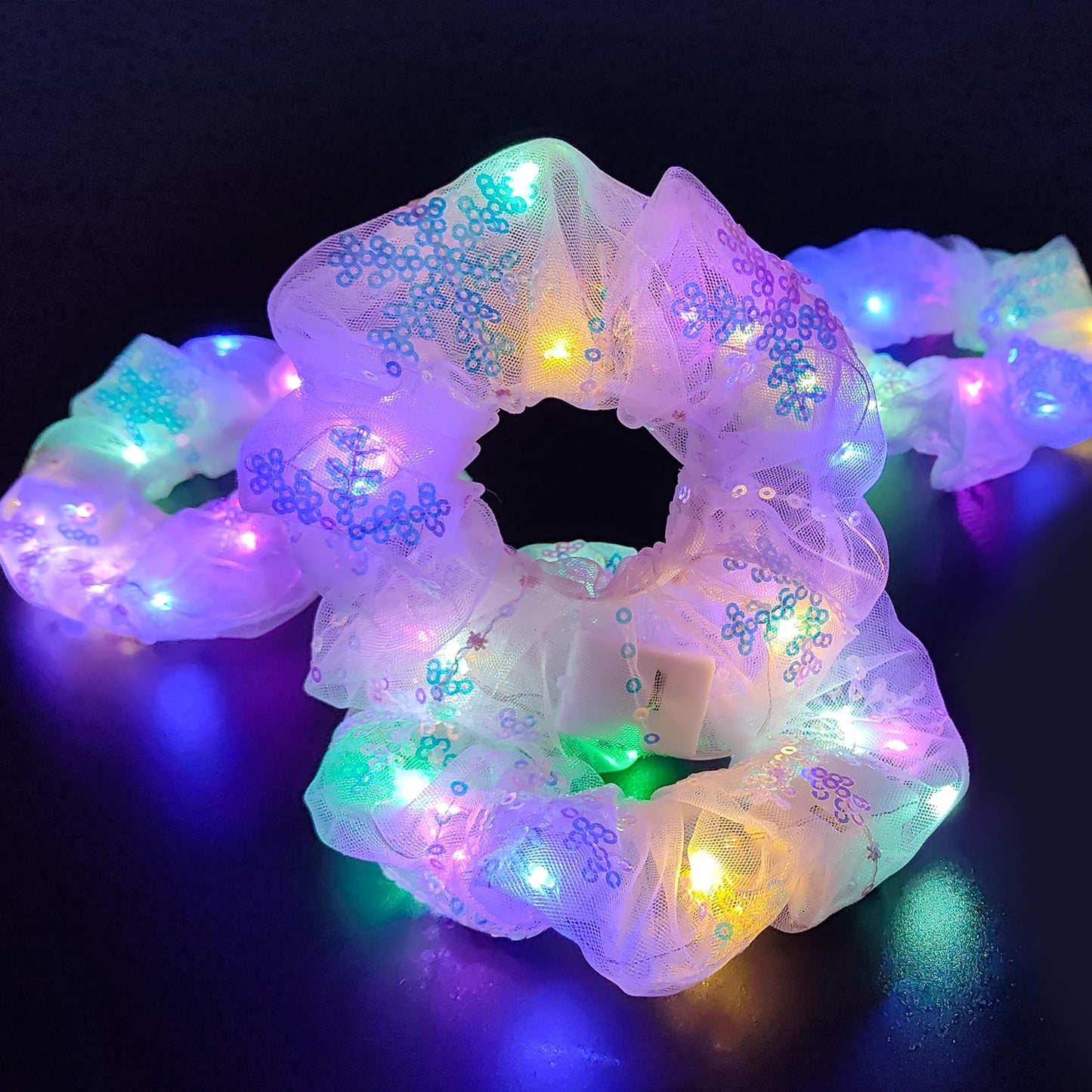 4 Pcs Light Up Hair Accessories for Girls Women, Sparkly Sequins Hair Scrunchies, Multi Light Modes LED Hair Tie for Movie Night Supplies, Glow in The Dark Scrunchies for Rave Neon Slumber Party