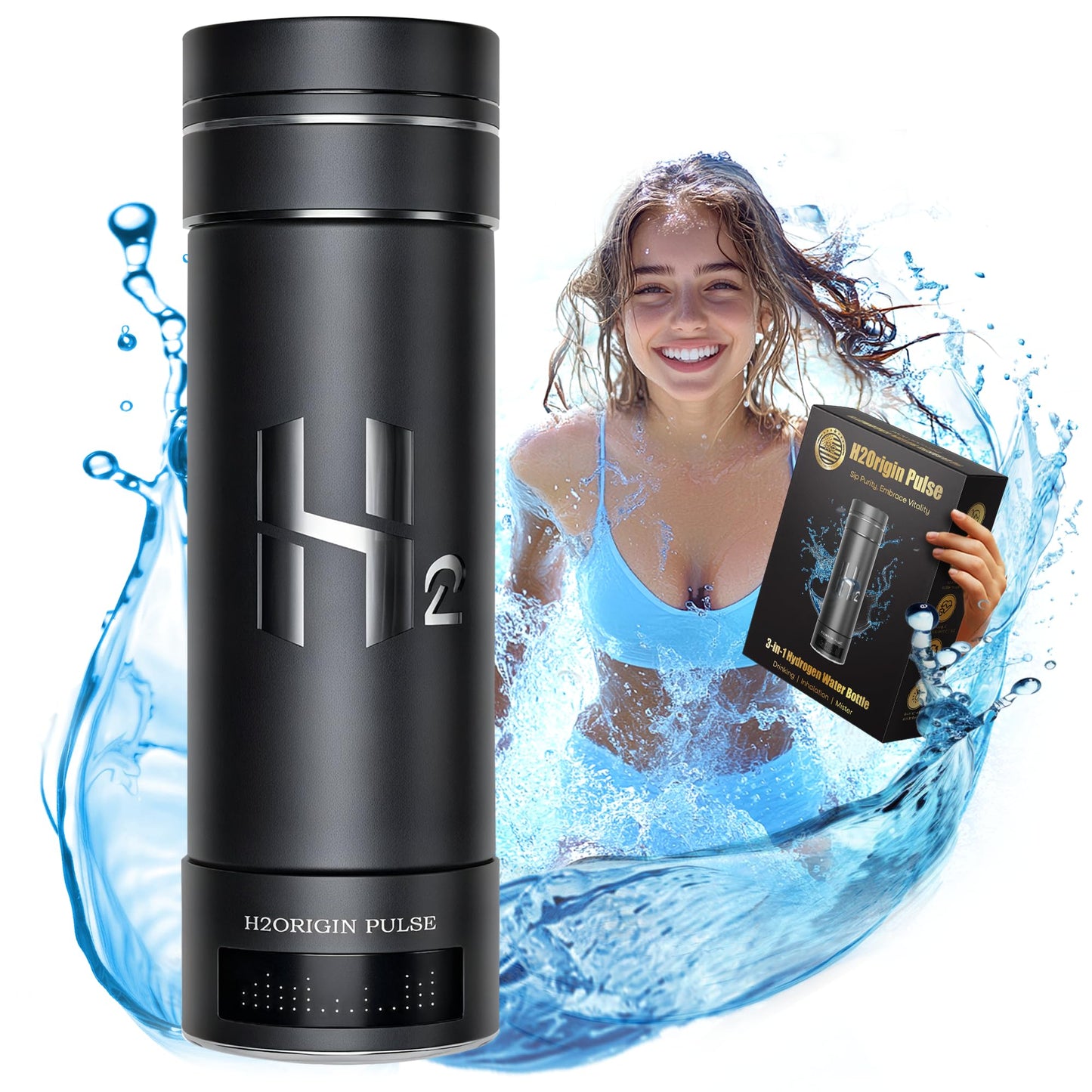 H2ORIGIN PULSE Hydrogen Water Bottle Generator, Up to 9000 PPB Hydrogen Bottle Water Ionizer with SPE/PEM Technology, 3-in-1 Portable Universal Adapter and Refreshing Mist Spray for Home Hydration