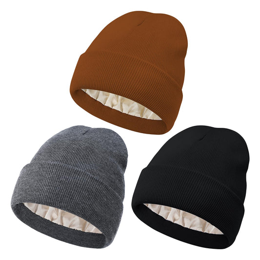 Satin Lined Beanie for Women Winter Hats for Women Men Black Beanie Silk Lined Cute Slouchy Beanie for Winter Warm Knit Beanie Hat Black+Dark Grey+Brown