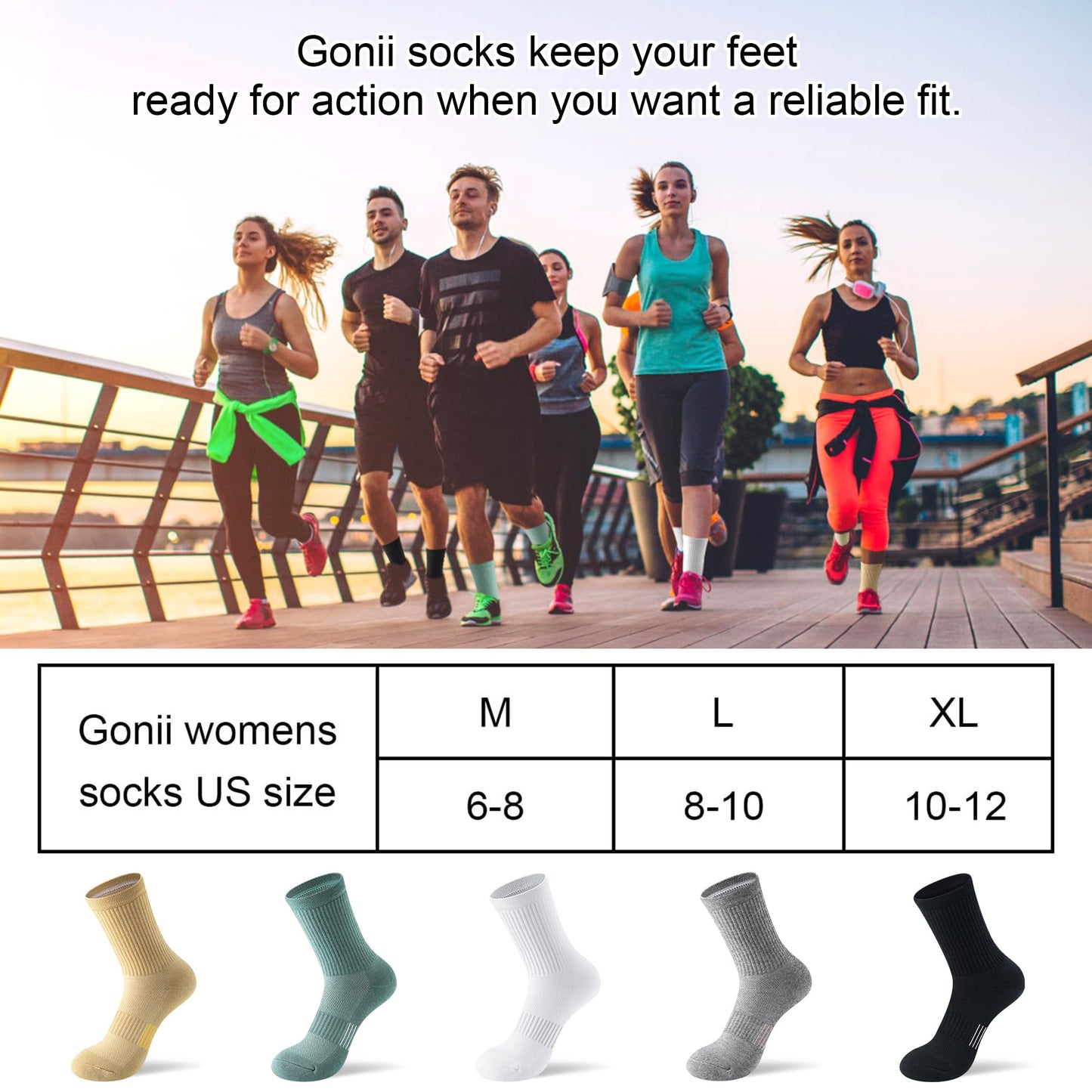 Gonii Crew Socks Women Hiking Running Athletic Cushioned Compression Socks 5-Pairs