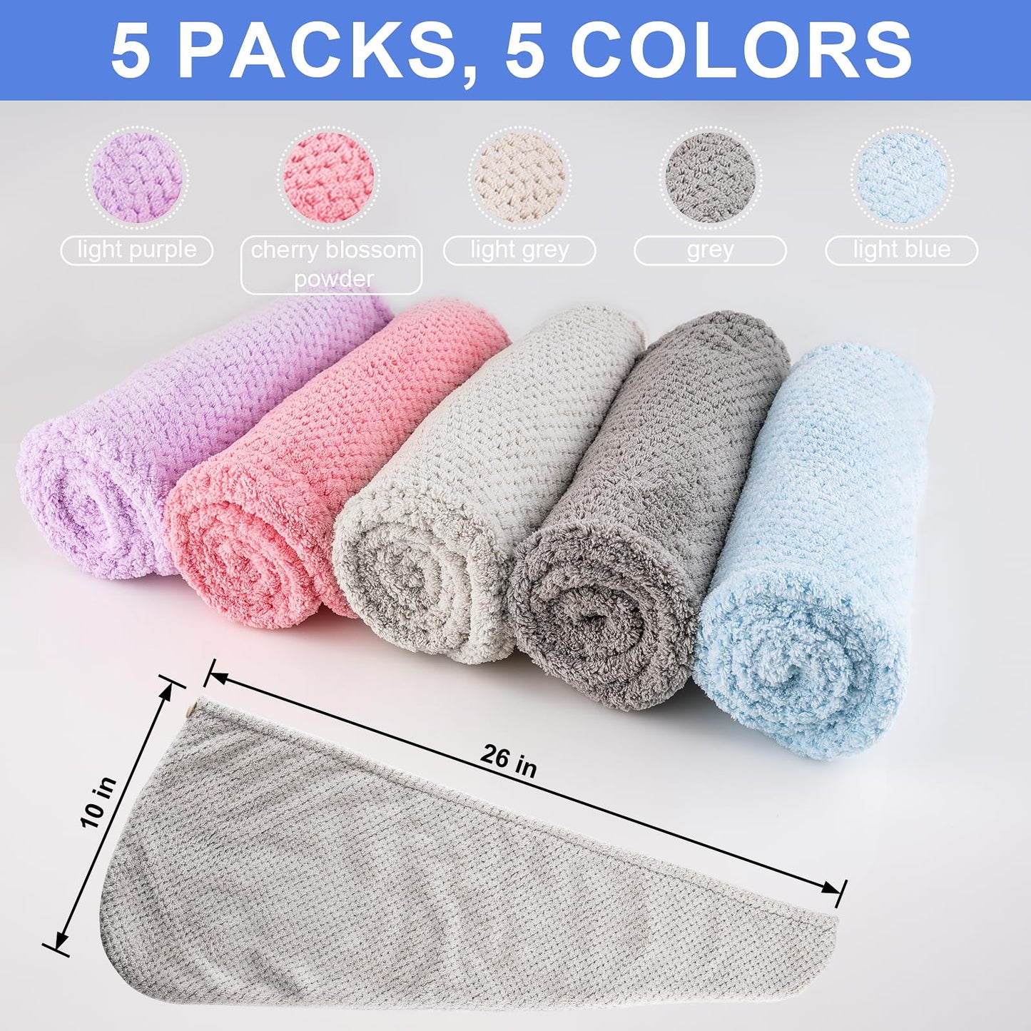XEMGUE 5 Pack Microfiber Hair Towel, Hair Towel Wrap for Women, 5 Colors Hair Turban Towel, Hair Drying Towels, Hair Plopping Towel Curly, Head Towels Wrap, Hair Wraps for Women Wet Hair Anti Frizz