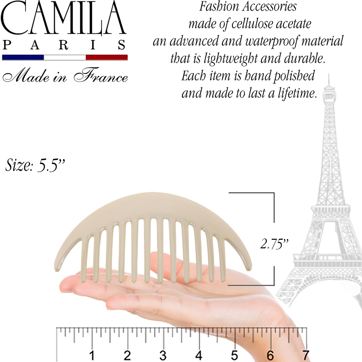 Camila Paris CP3016 French Hair Side Combs, Beige Pearl Interlocking Combs French Twist Hair Combs, Strong Hold Hair Clips for Women Bun Chignon Up-Do, Styling Girls Hair Accessories, Made in France