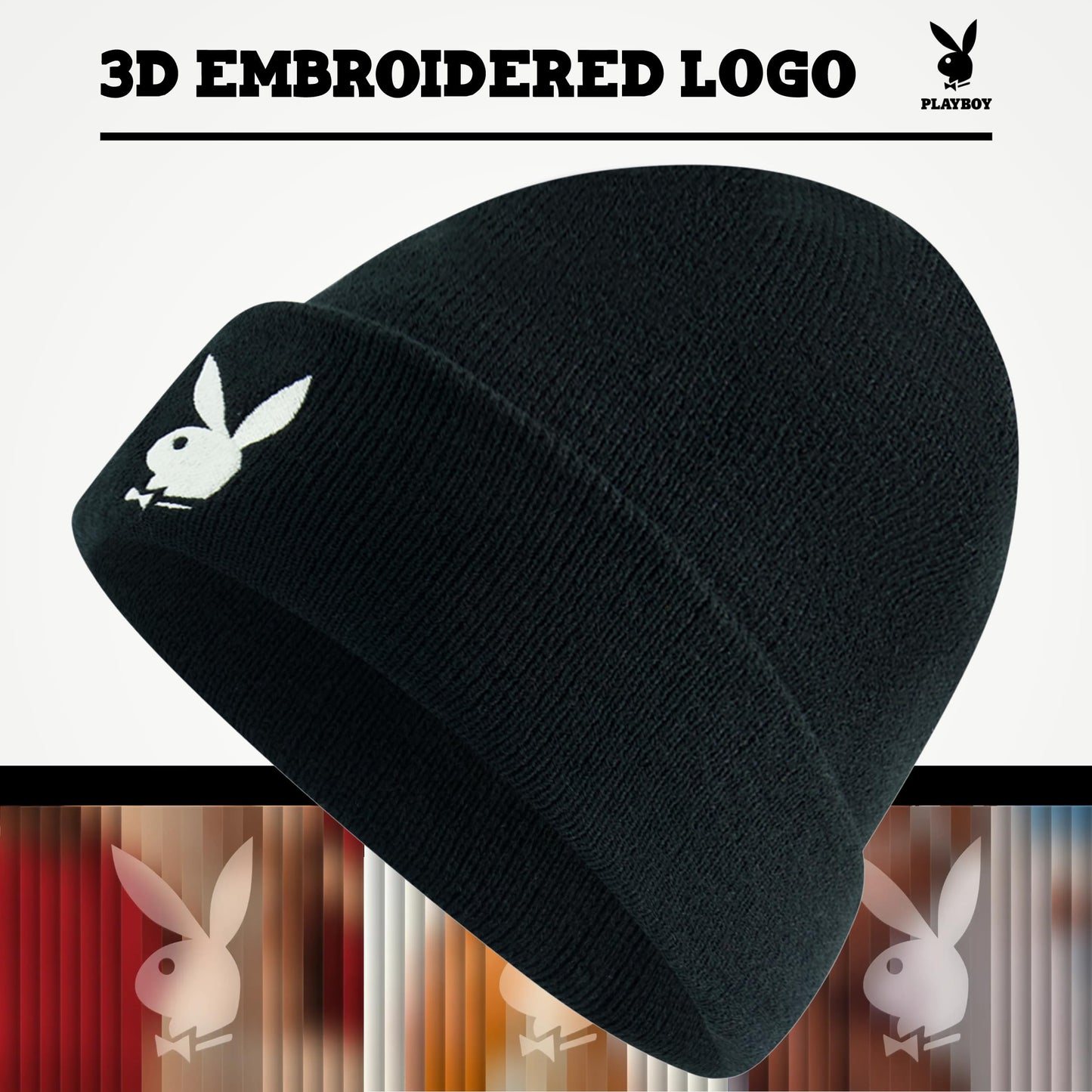 Concept One Playboy Beanie Hat, Cuffed Knit Winter Cap with Logo, Black