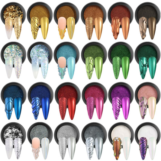 Fcozpjk Chrome Nail Powder Set 24 Colors, Mirror Effect Gold Silver Chrome Glitter Powder White Pearl Chrome Powder Iridescent Pigment for Nails Opal Flakes Gold Leaf for Nail Art Decoration