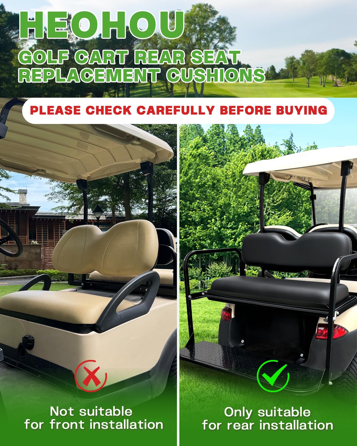 HEOHOU Universal Rear Replacement Cushions for Golf Cart Flip Rear Seat,Golf Cart Back Seat for EZGO TXT RXV ST for ST Sport for Club Car for Yamaha,Seat Bottom and Back Cushion Set,Black