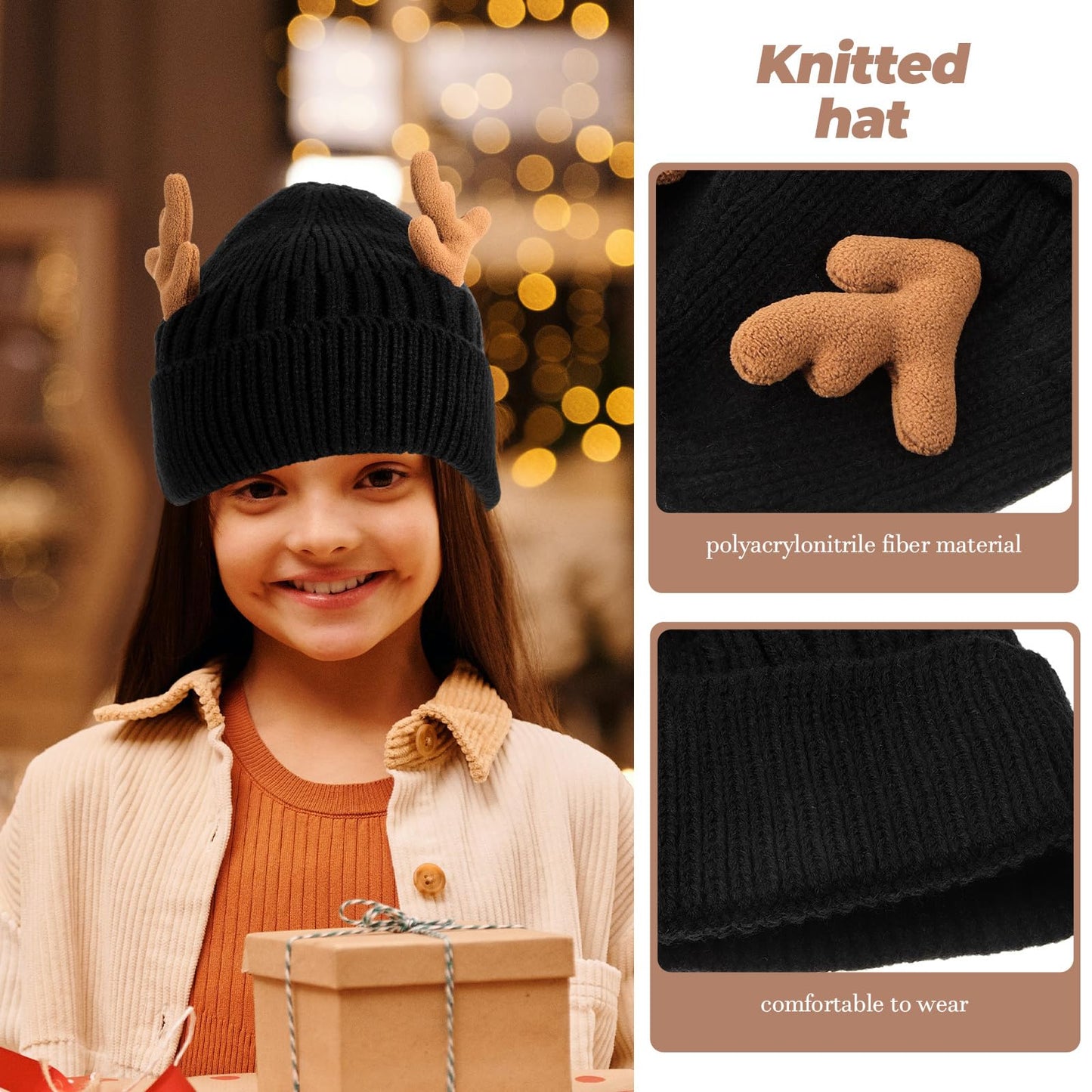 MAGICLULU 1 Pack Reindeer Beanie Antler Warm Cap Christmas Knitted Beanie Hat for Adults Women Adults(Black)