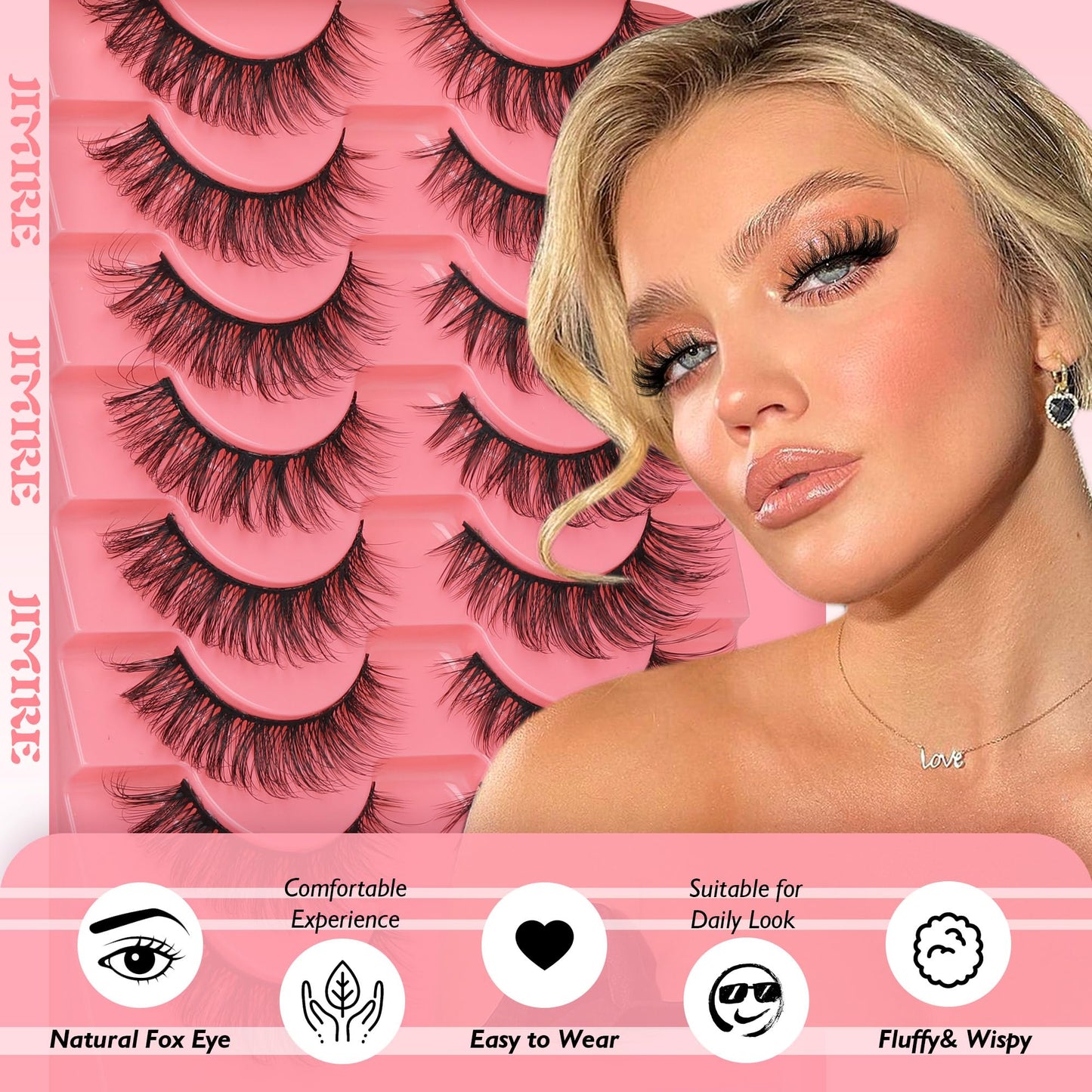 JIMIRE Natural Lashes Fluffy False Eyelashes Natural Look Wispy Faux Mink Lashes Short Cat Eye 15MM False Lashes 8 Pairs Pack